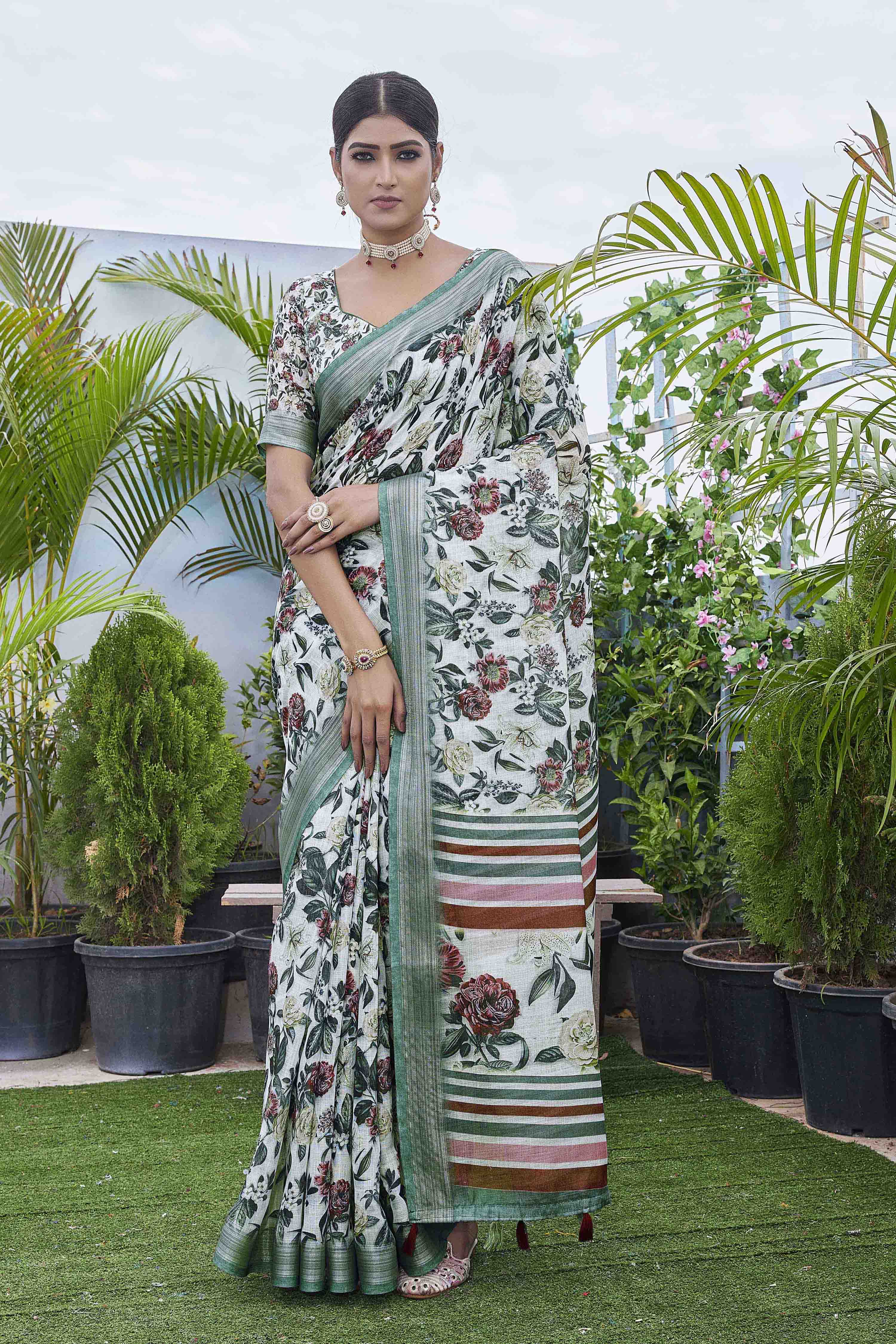 DIGITAL PRINT FLORAL WOVEN DESIGN COTTON LINEN ZARI BORDER SAREE