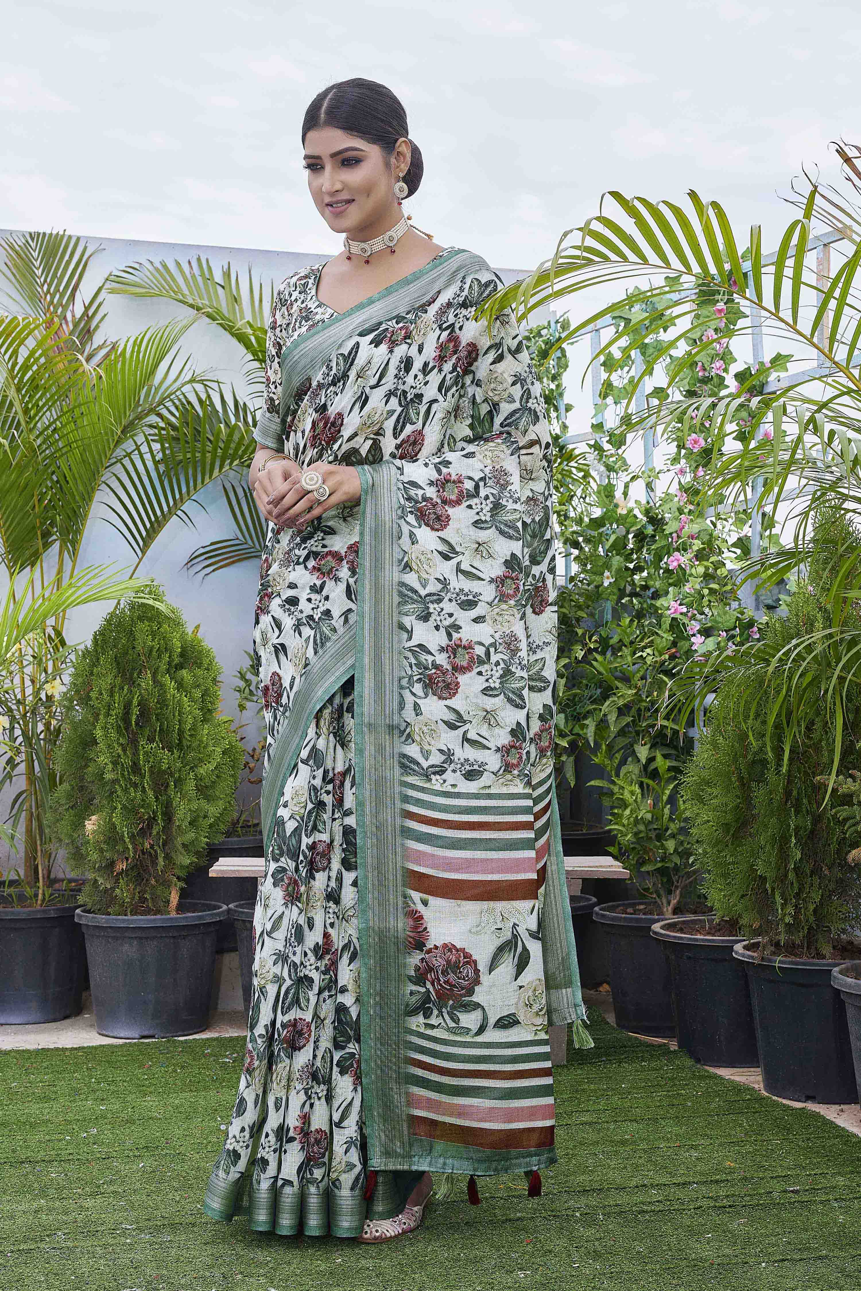 DIGITAL PRINT FLORAL WOVEN DESIGN COTTON LINEN ZARI BORDER SAREE