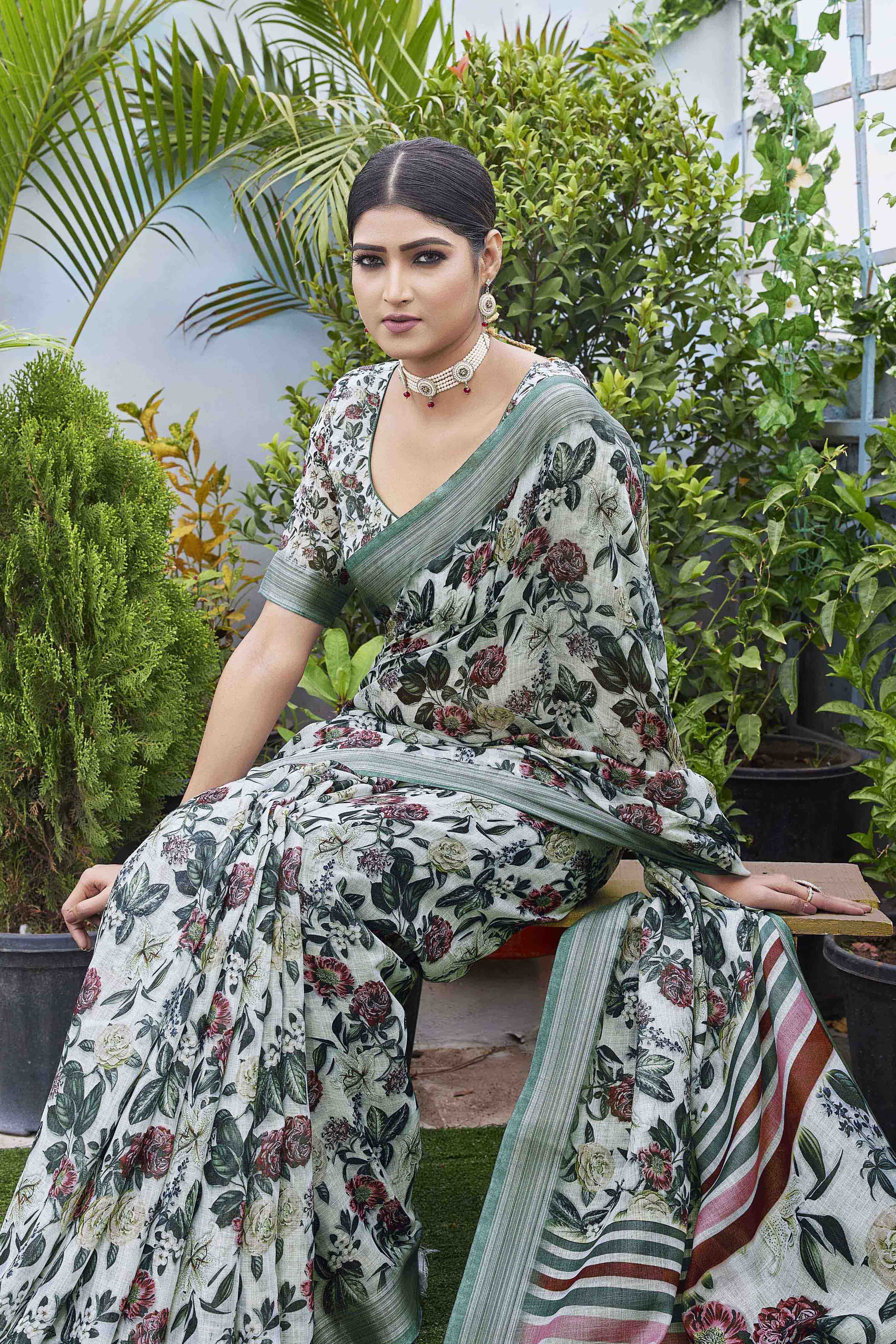 DIGITAL PRINT FLORAL WOVEN DESIGN COTTON LINEN ZARI BORDER SAREE