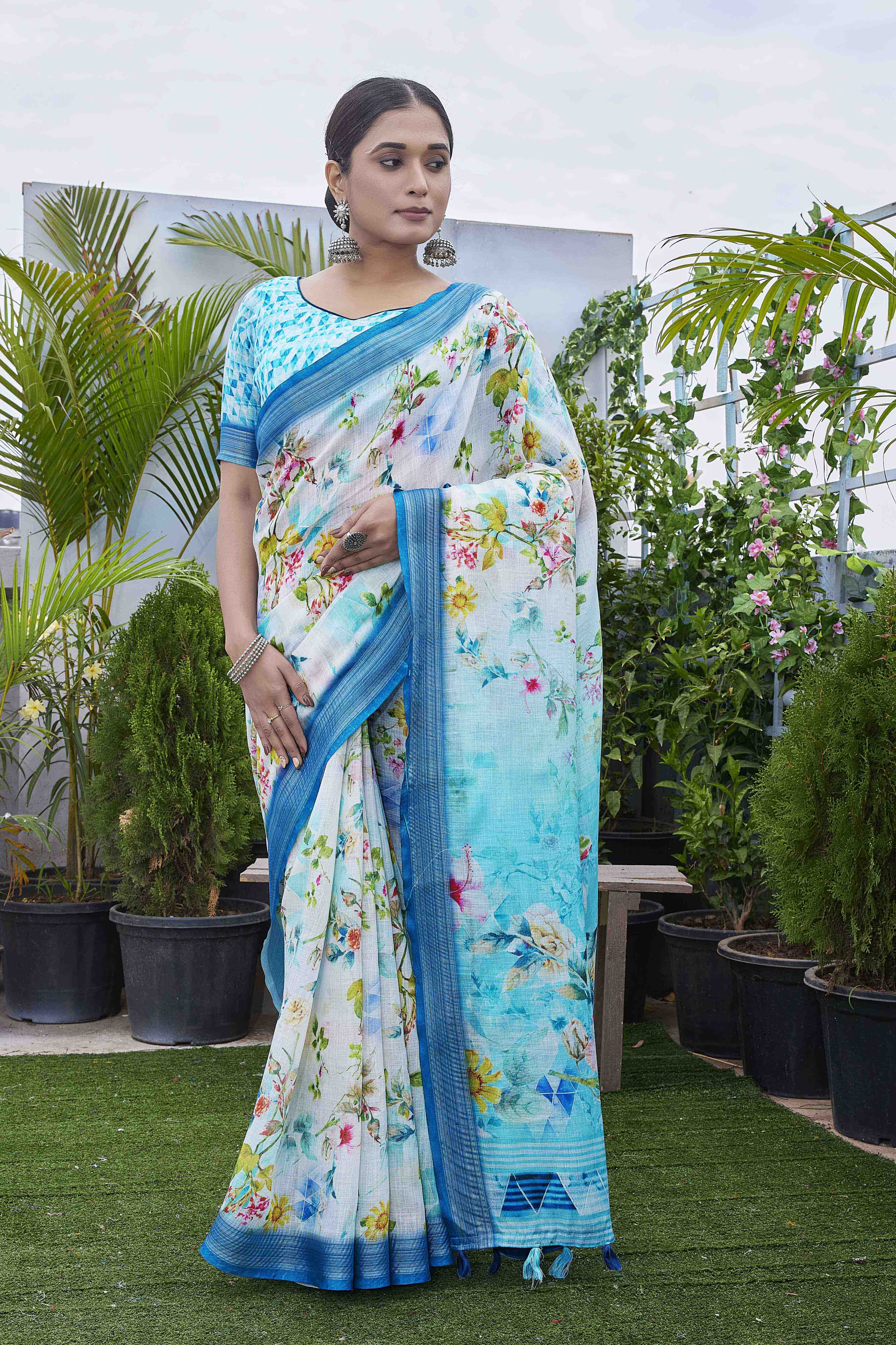 DIGITAL PRINT FLORAL WOVEN DESIGN COTTON LINEN ZARI BORDER SAREE