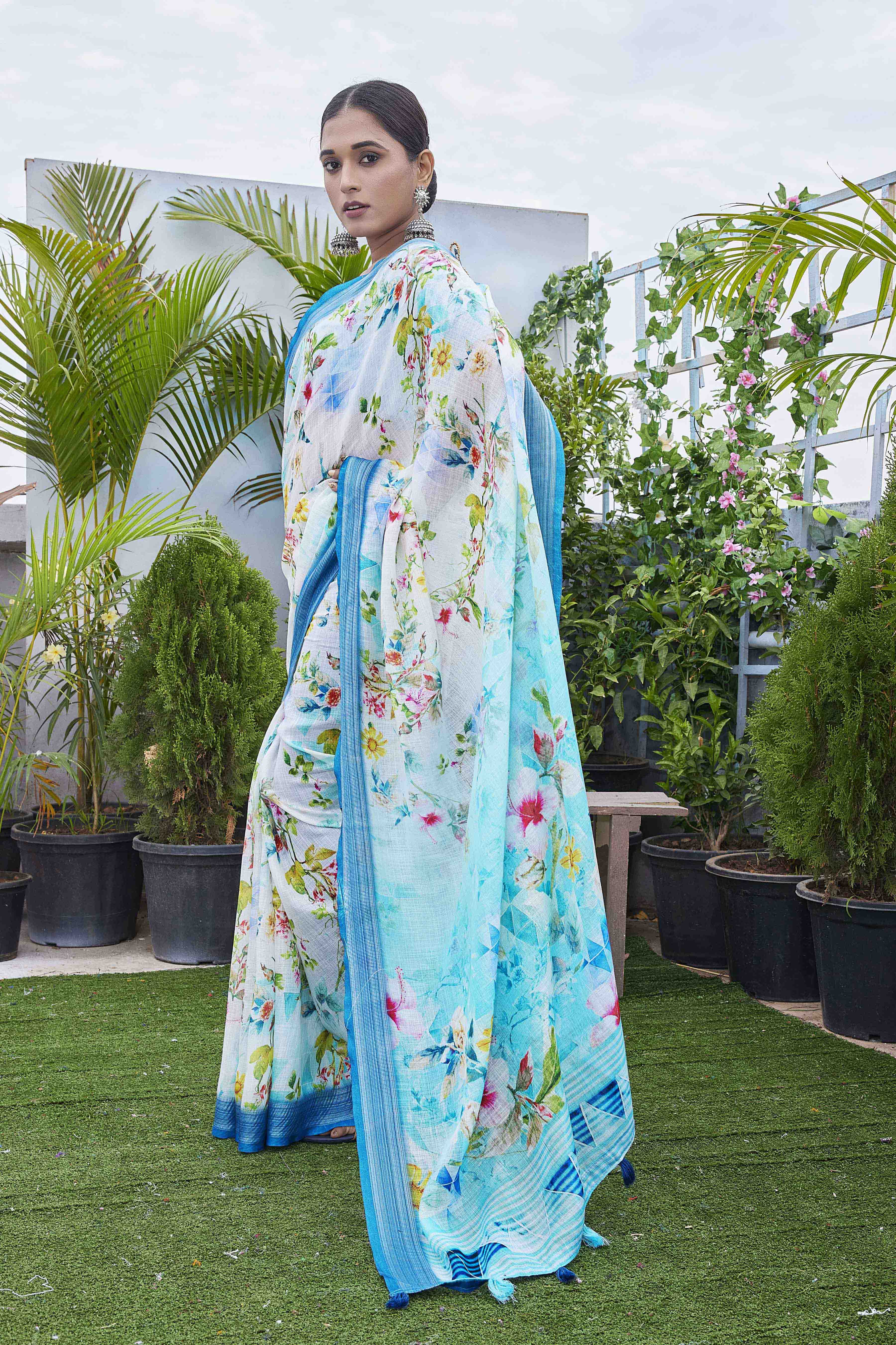 DIGITAL PRINT FLORAL WOVEN DESIGN COTTON LINEN ZARI BORDER SAREE