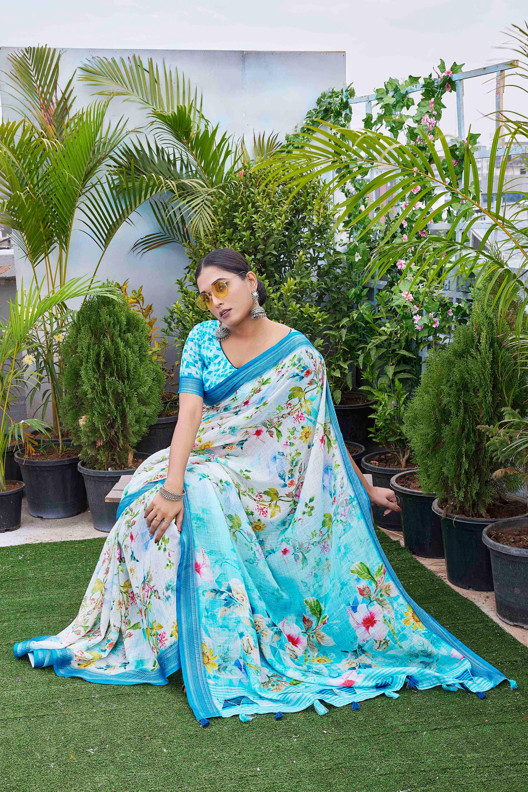 DIGITAL PRINT FLORAL WOVEN DESIGN COTTON LINEN ZARI BORDER SAREE