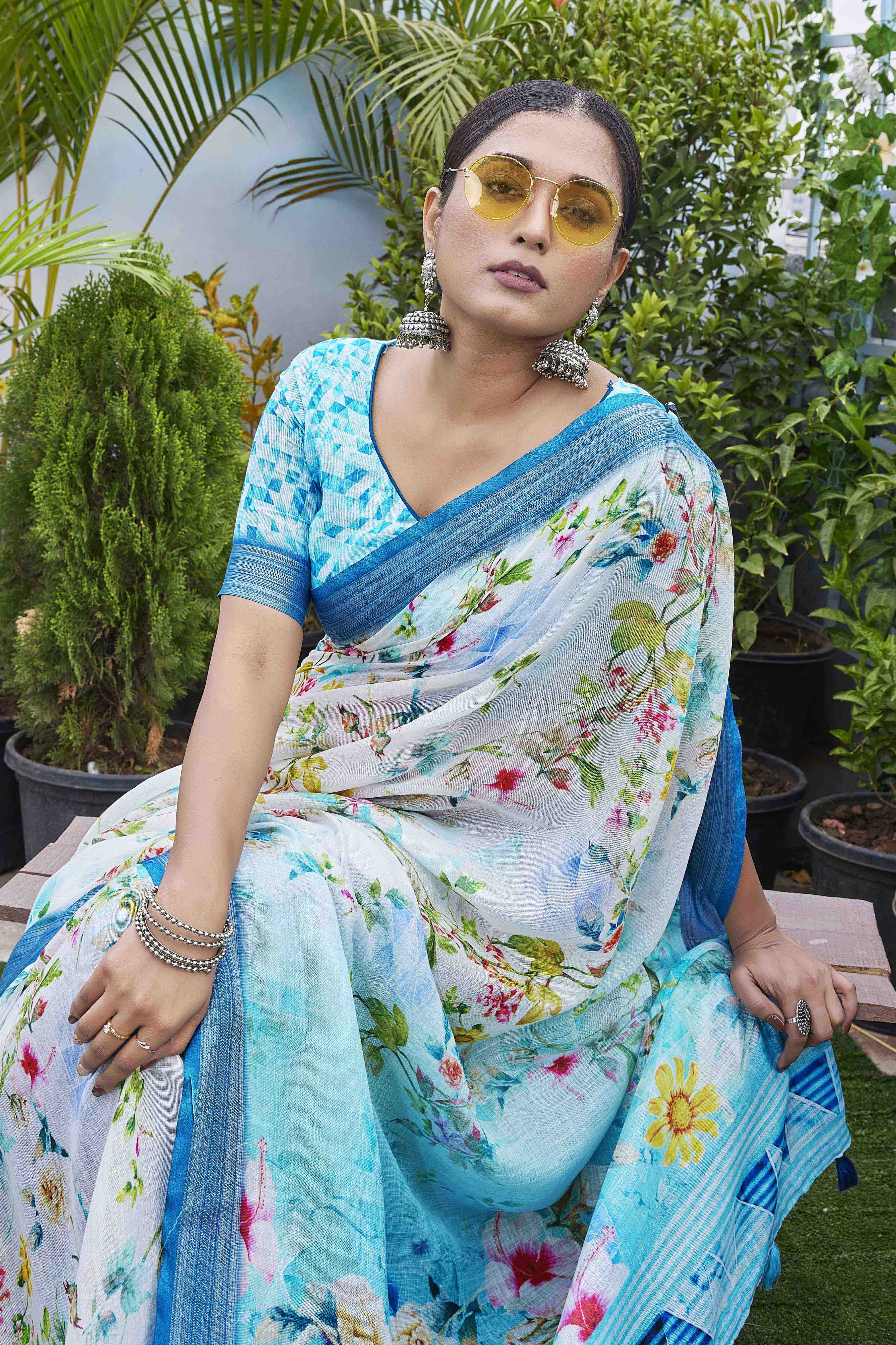 DIGITAL PRINT FLORAL WOVEN DESIGN COTTON LINEN ZARI BORDER SAREE