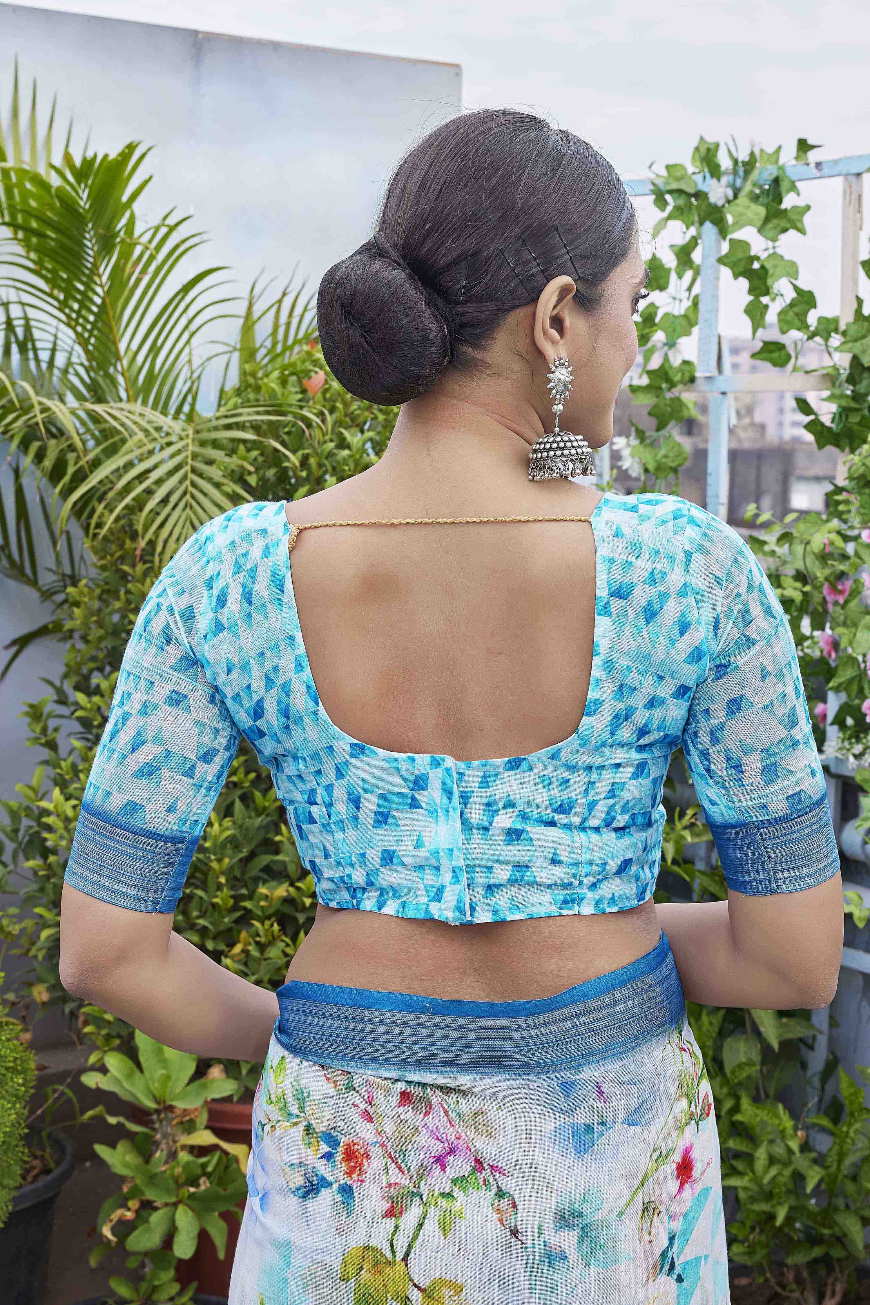 DIGITAL PRINT FLORAL WOVEN DESIGN COTTON LINEN ZARI BORDER SAREE