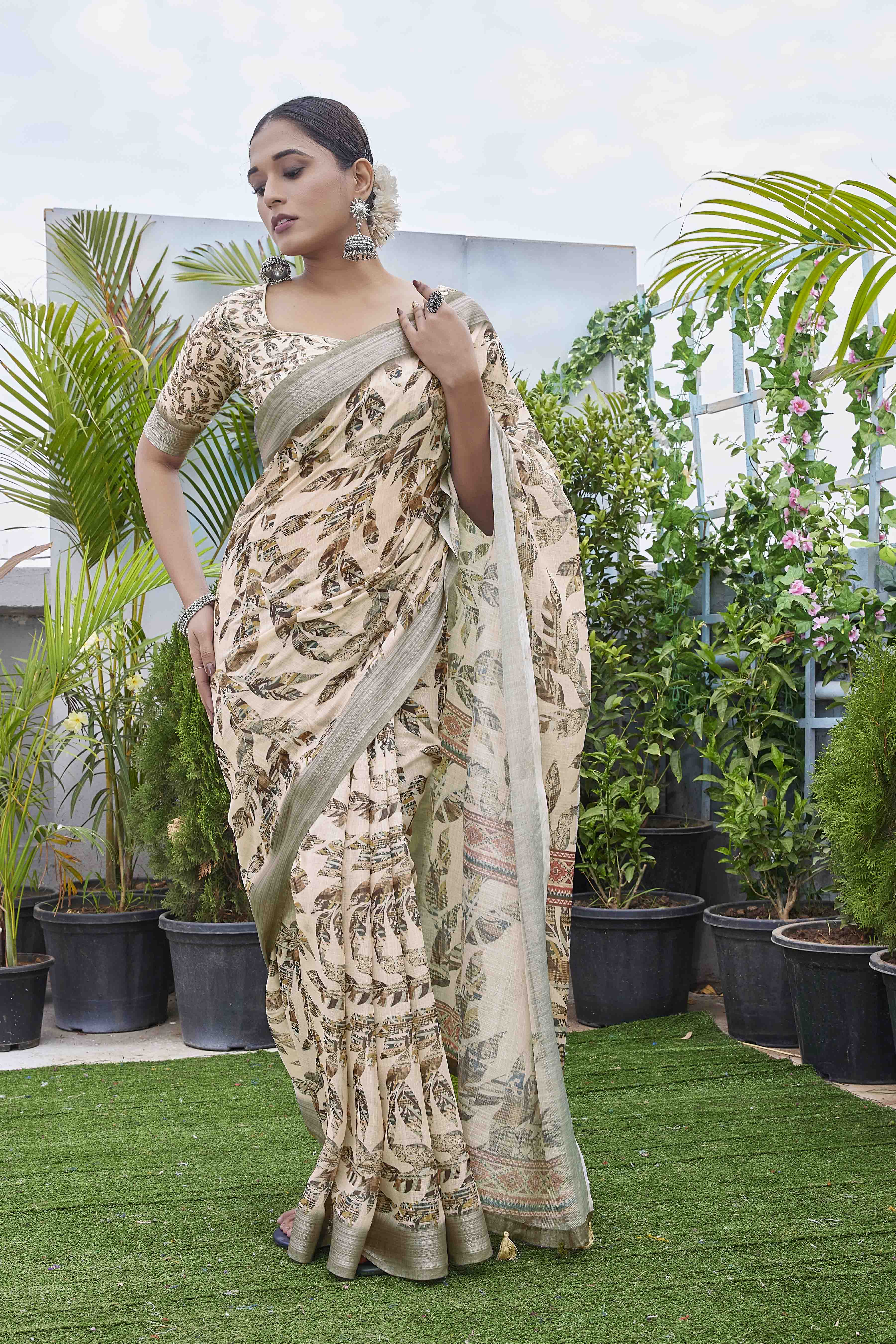 DIGITAL PRINT FLORAL COTTON LINEN ZARI BORDER SAREE