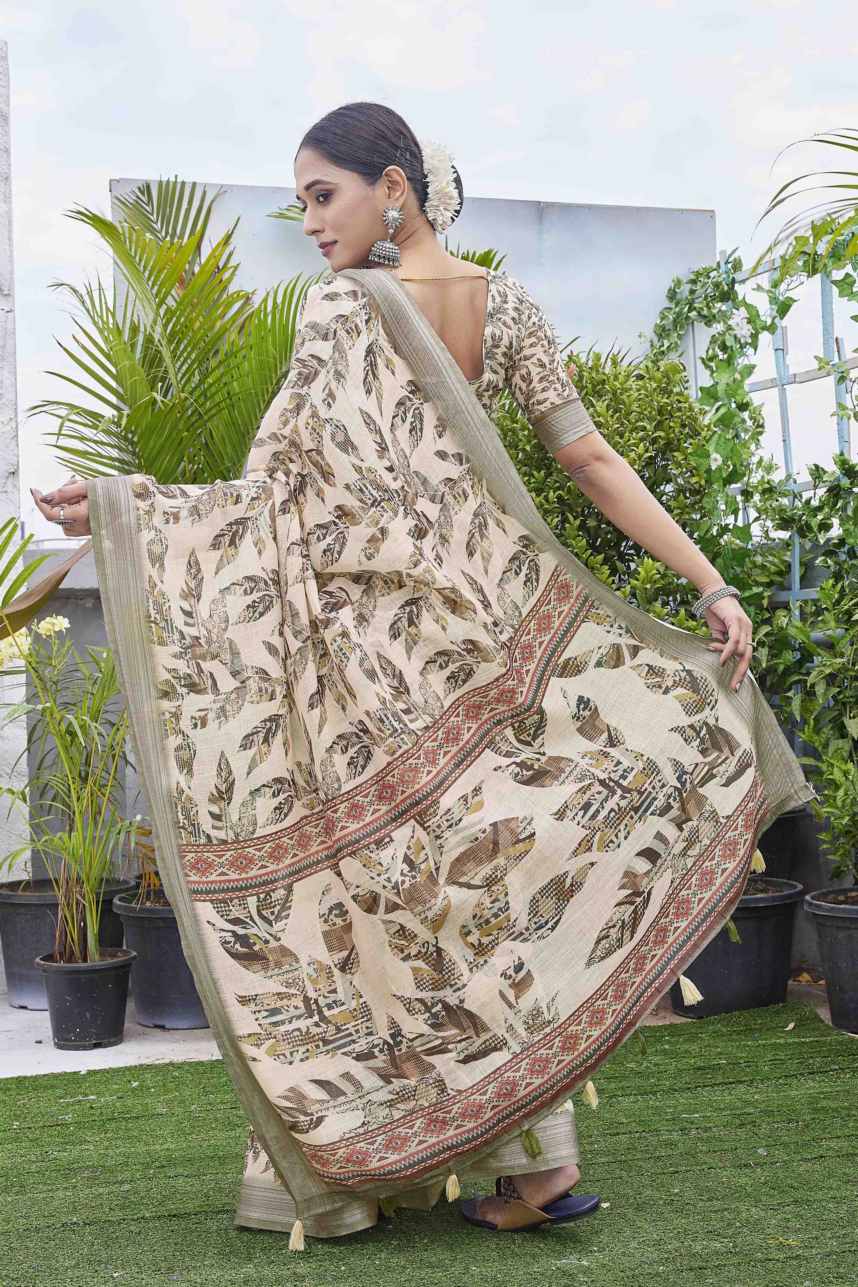 DIGITAL PRINT FLORAL COTTON LINEN ZARI BORDER SAREE