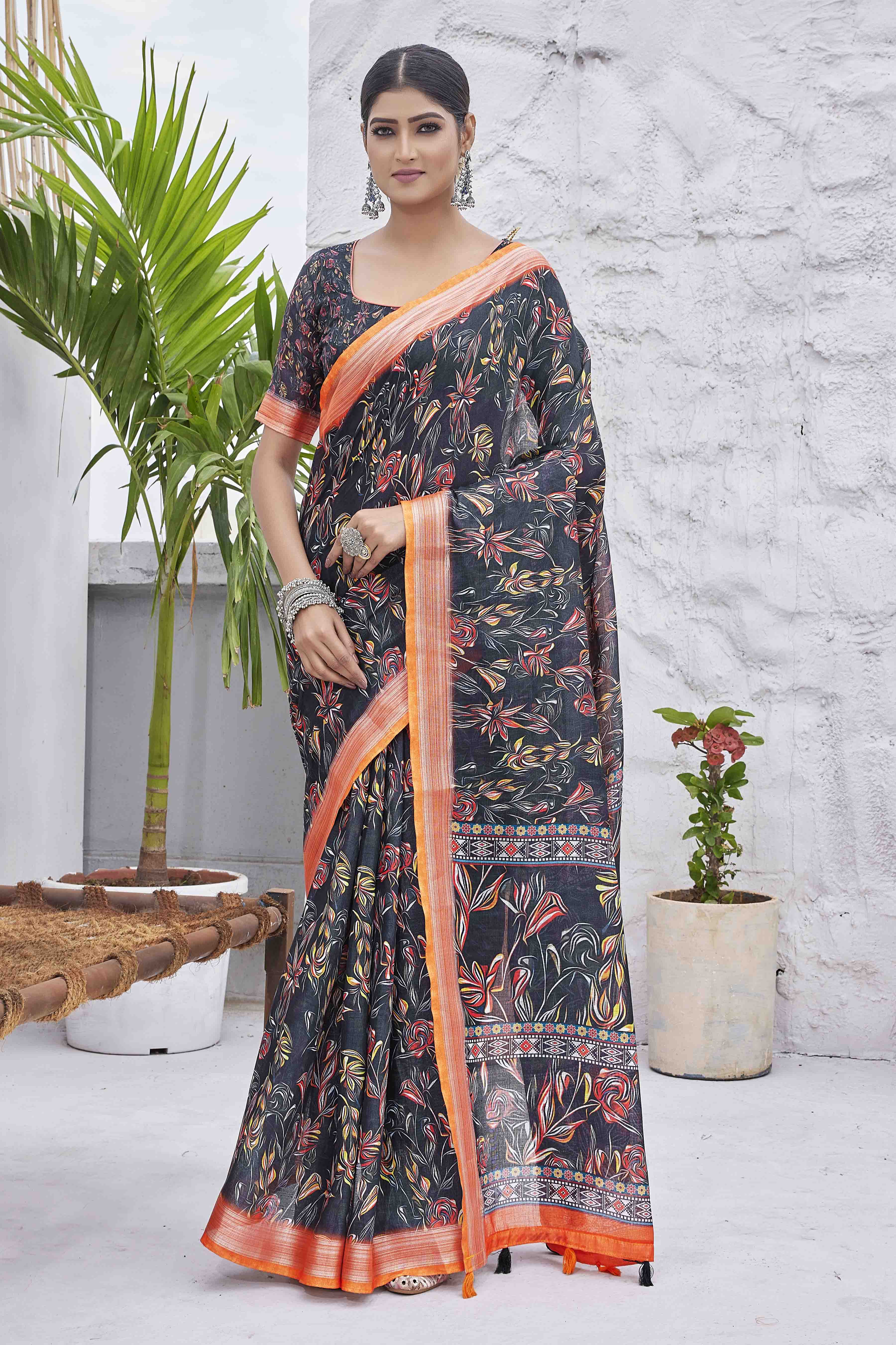 DIGITAL PRINT FLORAL WOVEN DESIGN COTTON LINEN ZARI BORDER SAREE