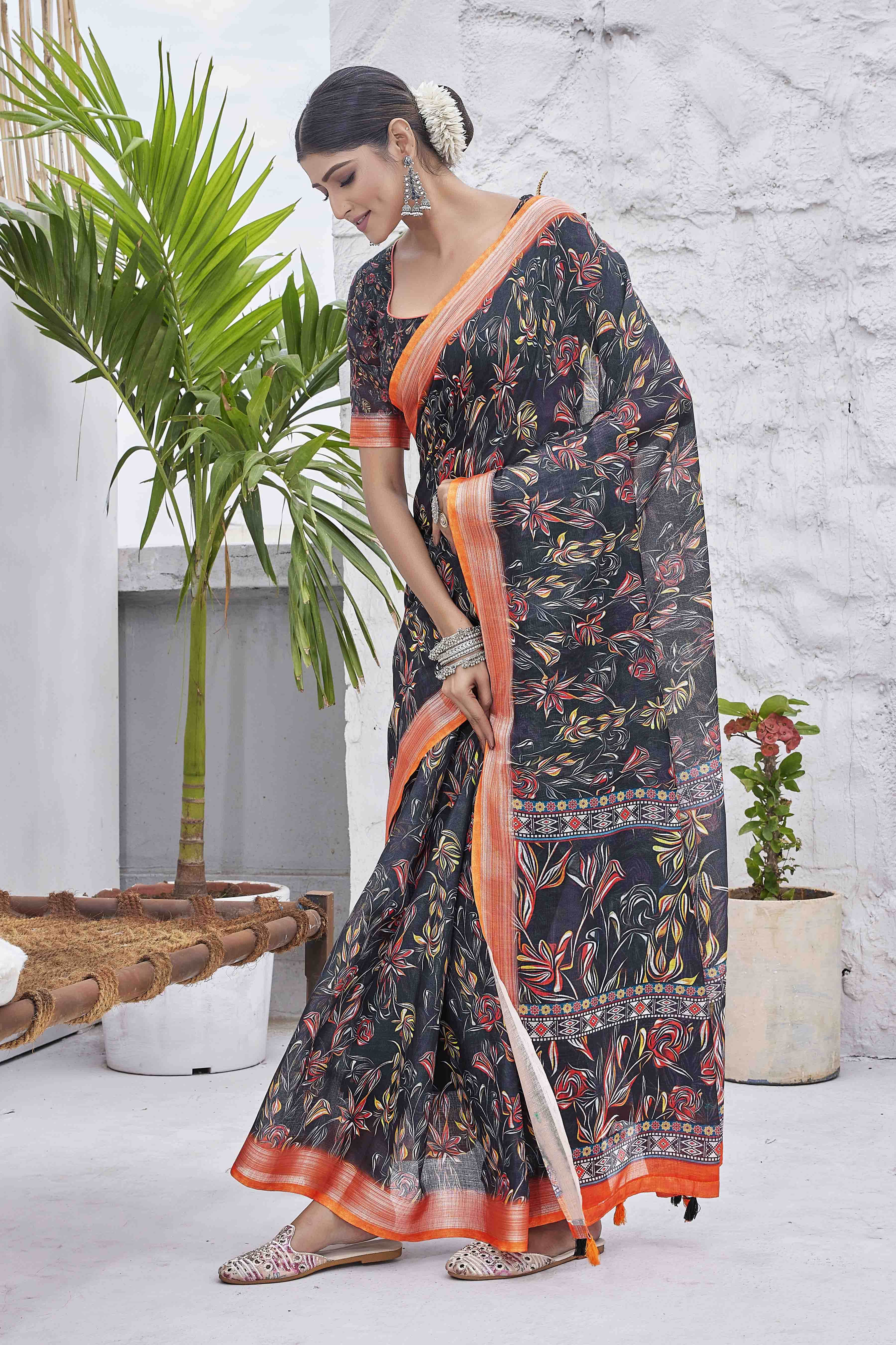 DIGITAL PRINT FLORAL WOVEN DESIGN COTTON LINEN ZARI BORDER SAREE