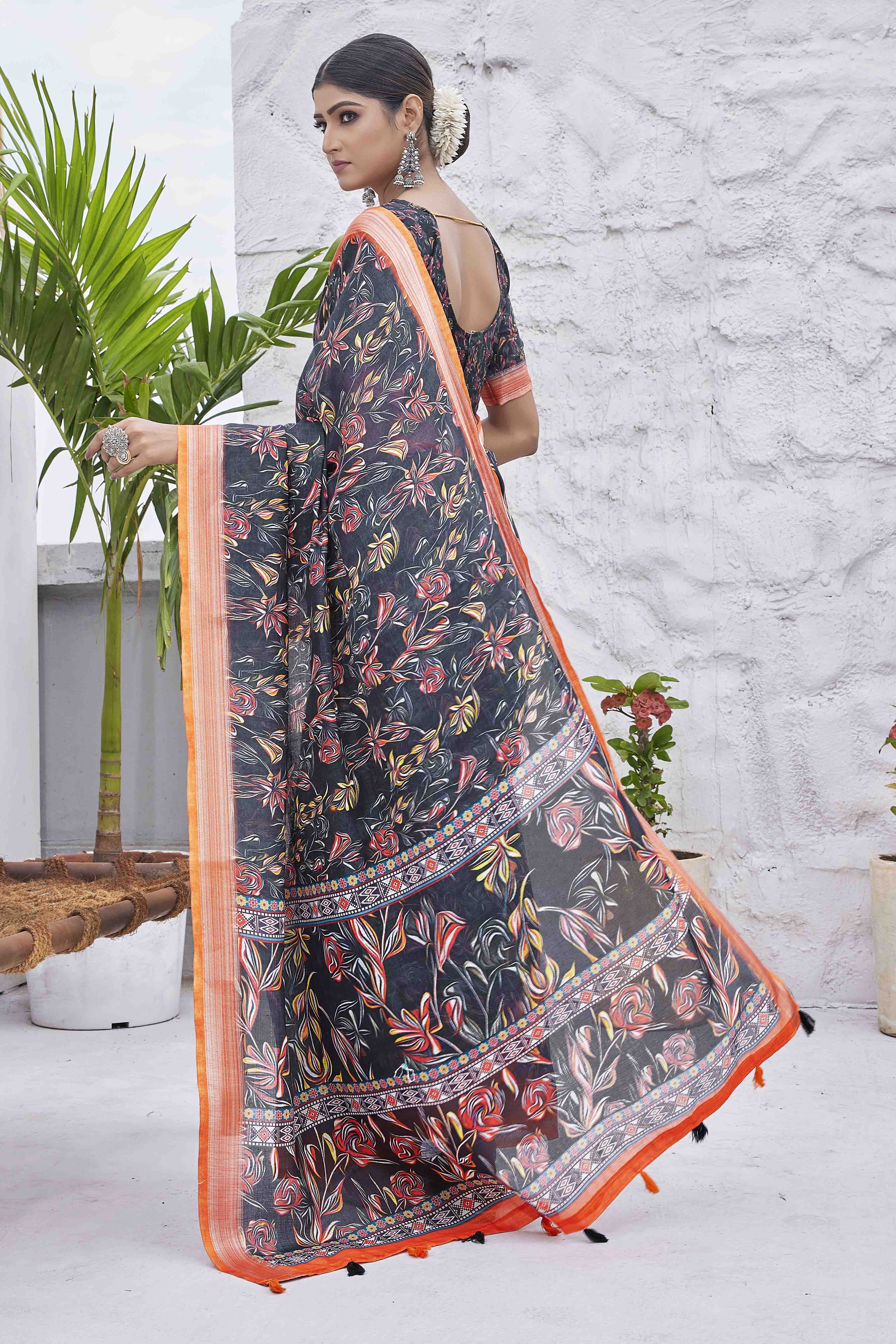 DIGITAL PRINT FLORAL WOVEN DESIGN COTTON LINEN ZARI BORDER SAREE