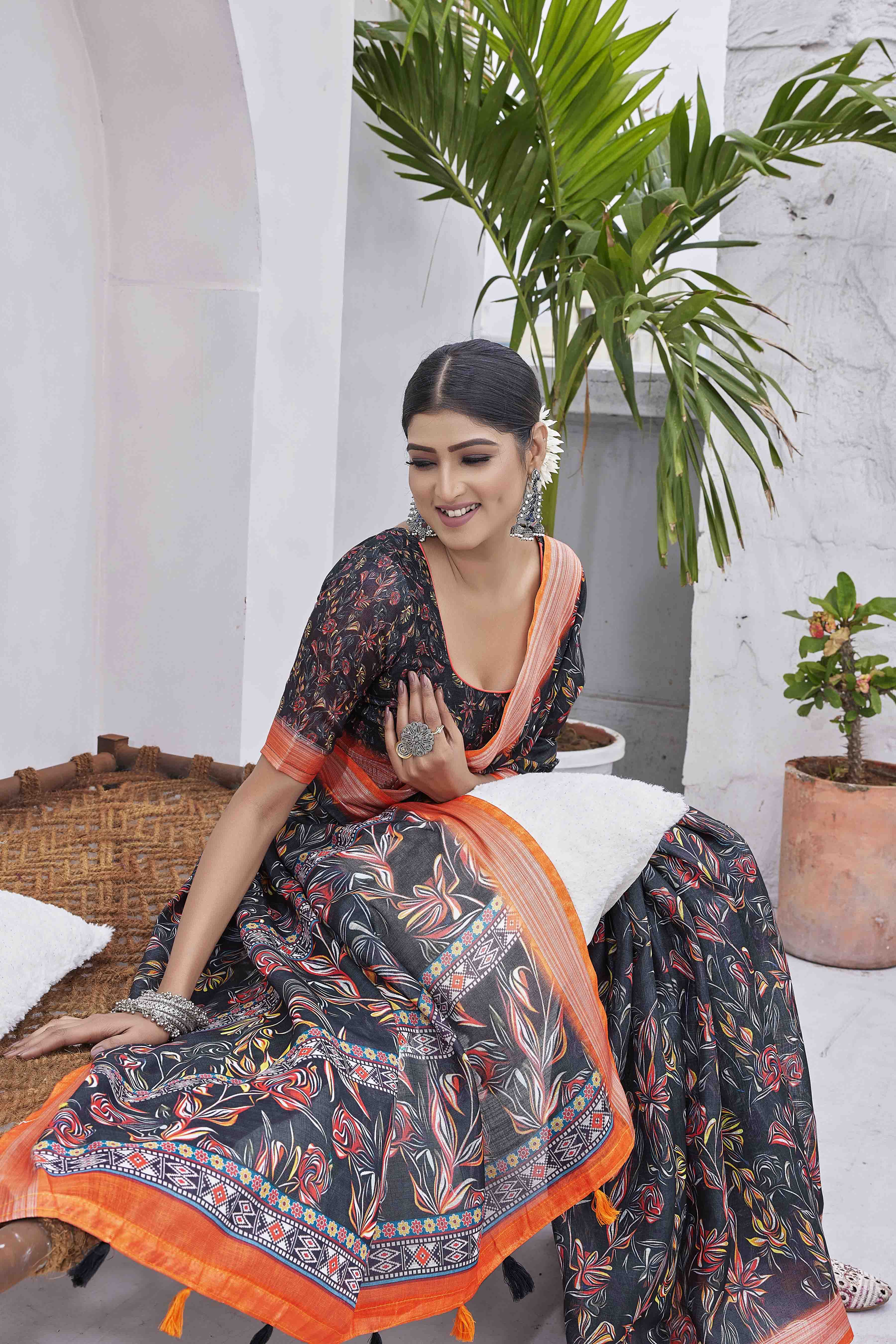 DIGITAL PRINT FLORAL WOVEN DESIGN COTTON LINEN ZARI BORDER SAREE
