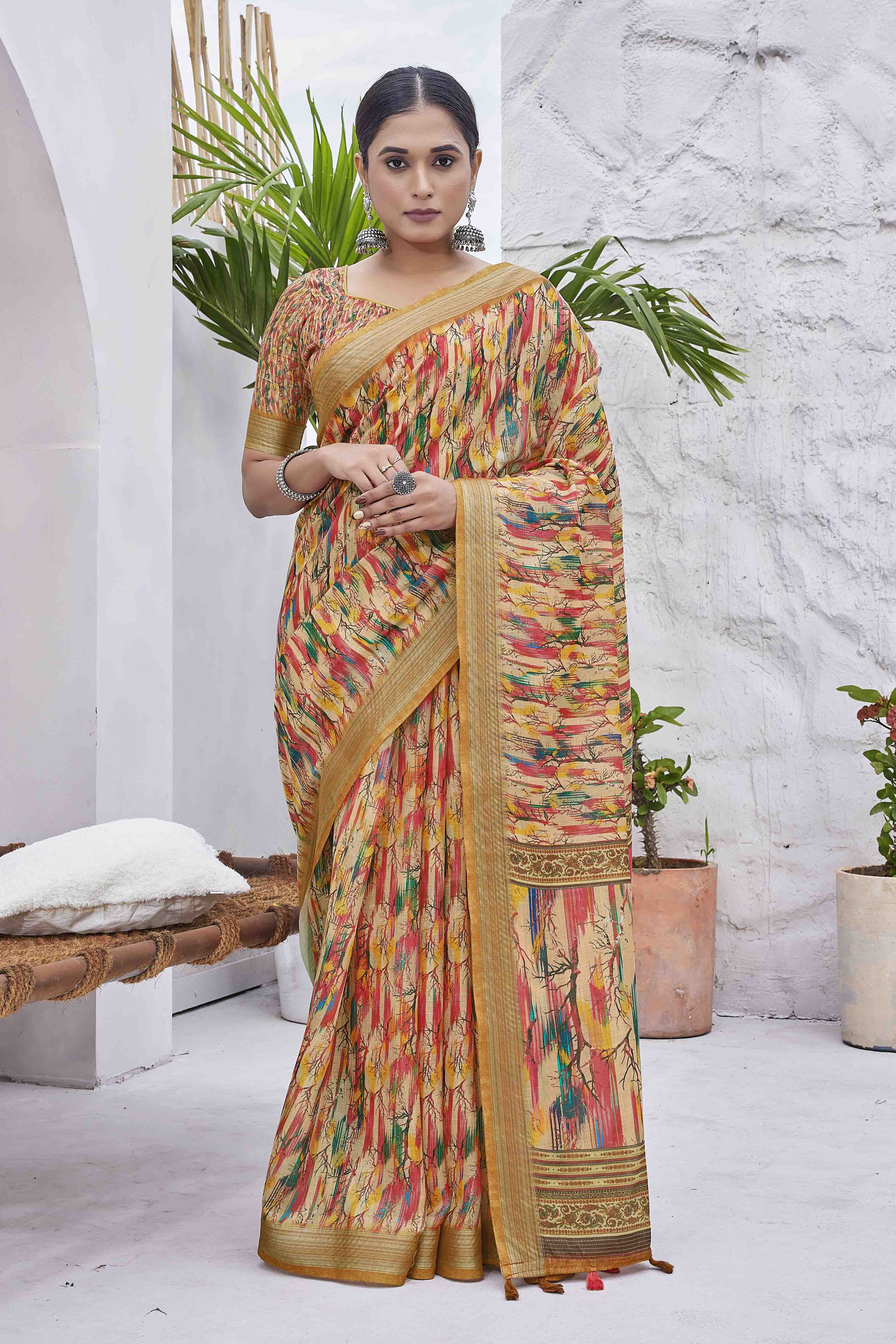 DIGITAL PRINT WOVEN DESIGN COTTON LINEN ZARI BORDER SAREE