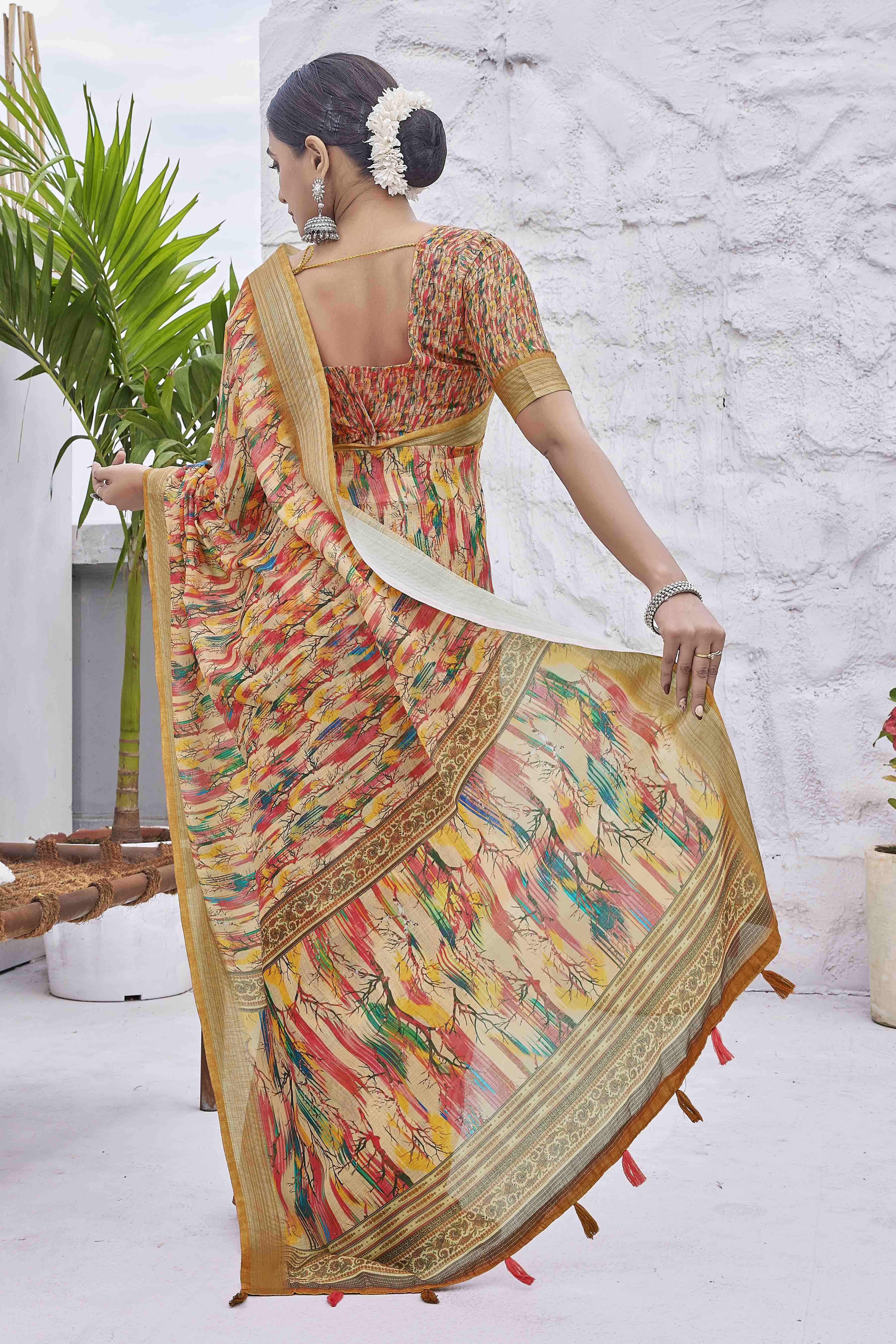 DIGITAL PRINT WOVEN DESIGN COTTON LINEN ZARI BORDER SAREE