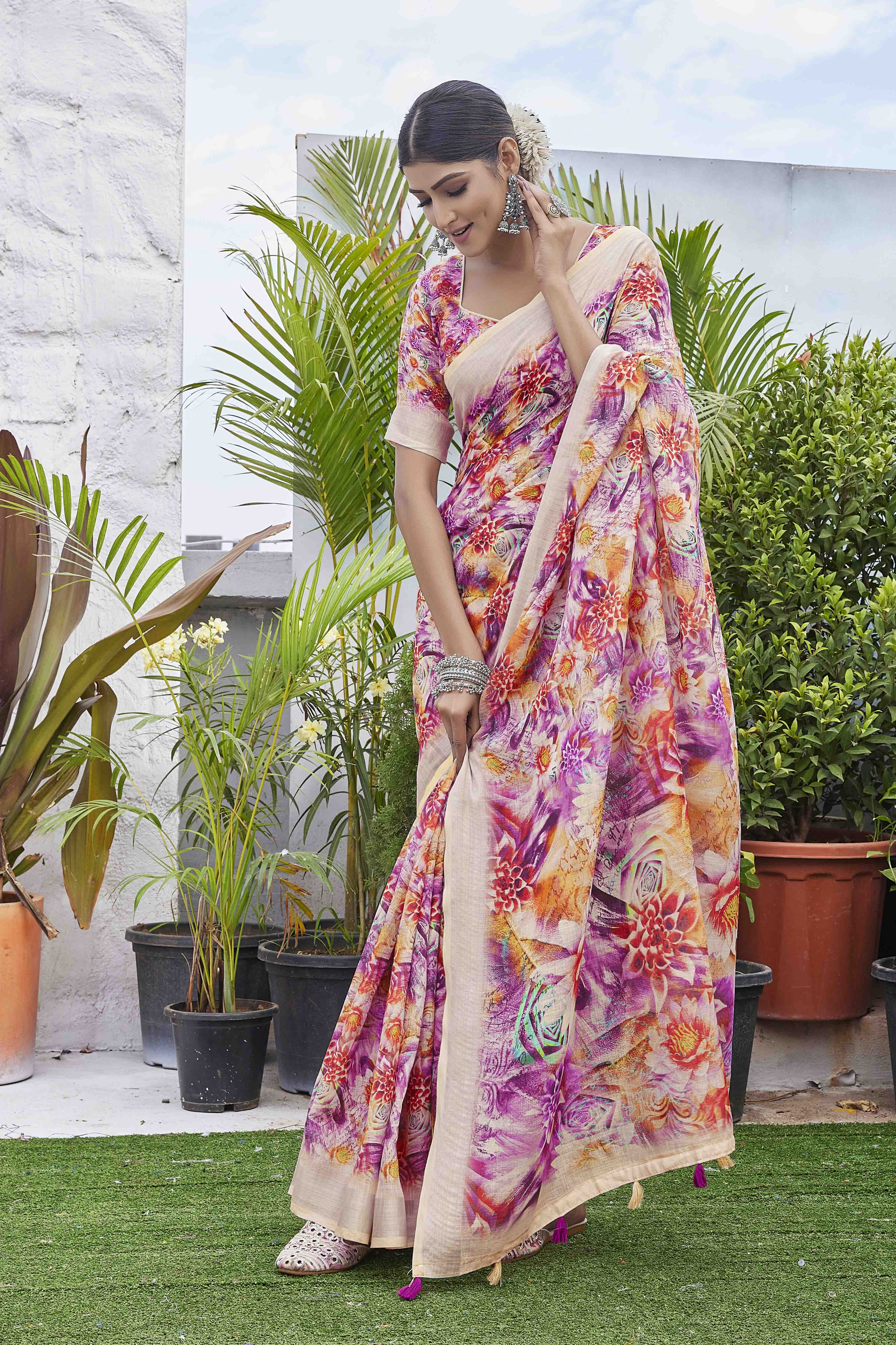 DIGITAL PRINT WOVEN DESIGN COTTON LINEN ZARI BORDER SAREE