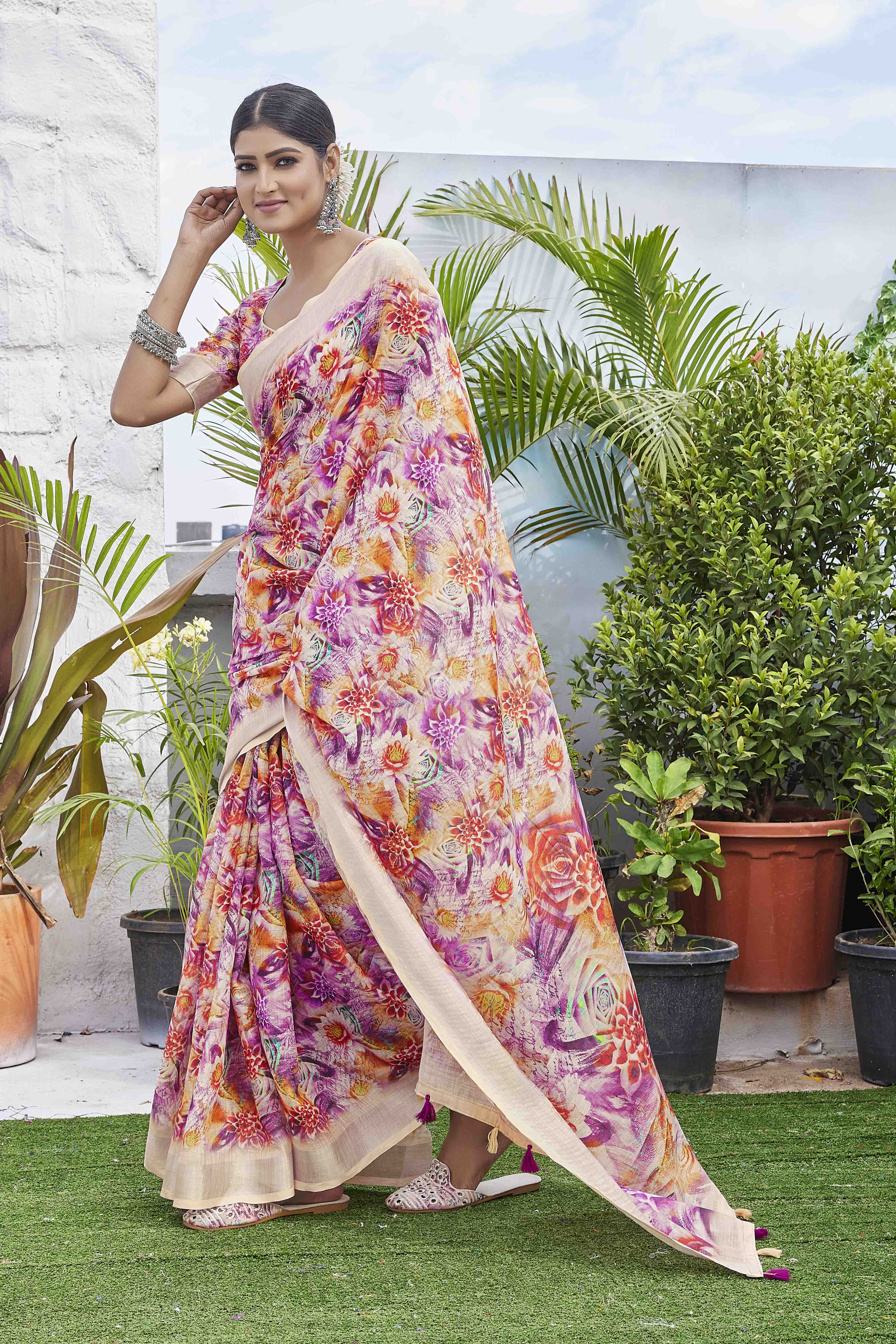 DIGITAL PRINT WOVEN DESIGN COTTON LINEN ZARI BORDER SAREE