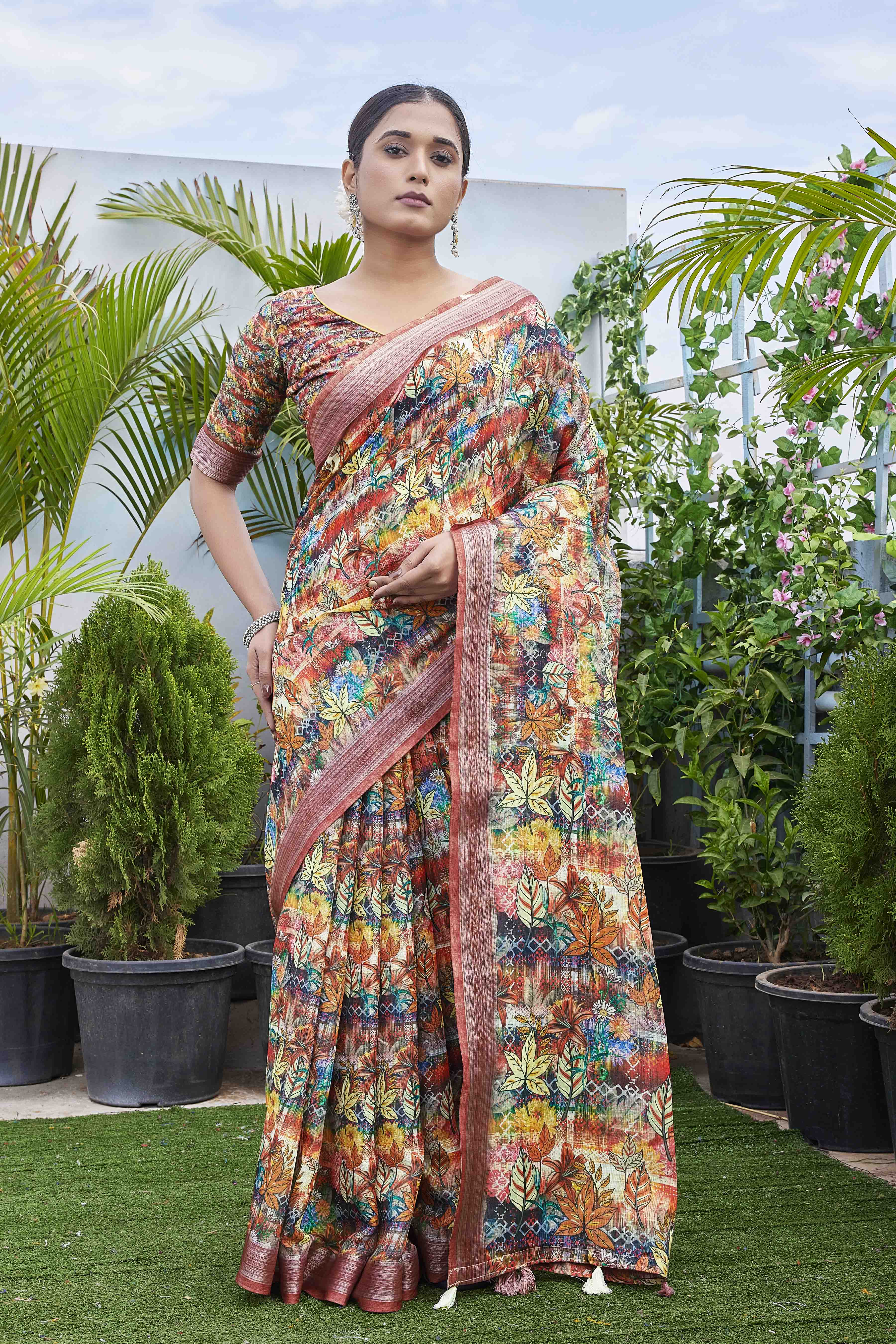 DIGITAL PRINT ETHNIC MOTIFS WOVEN DESIGN COTTON LINEN ZARI BORDER SAREE