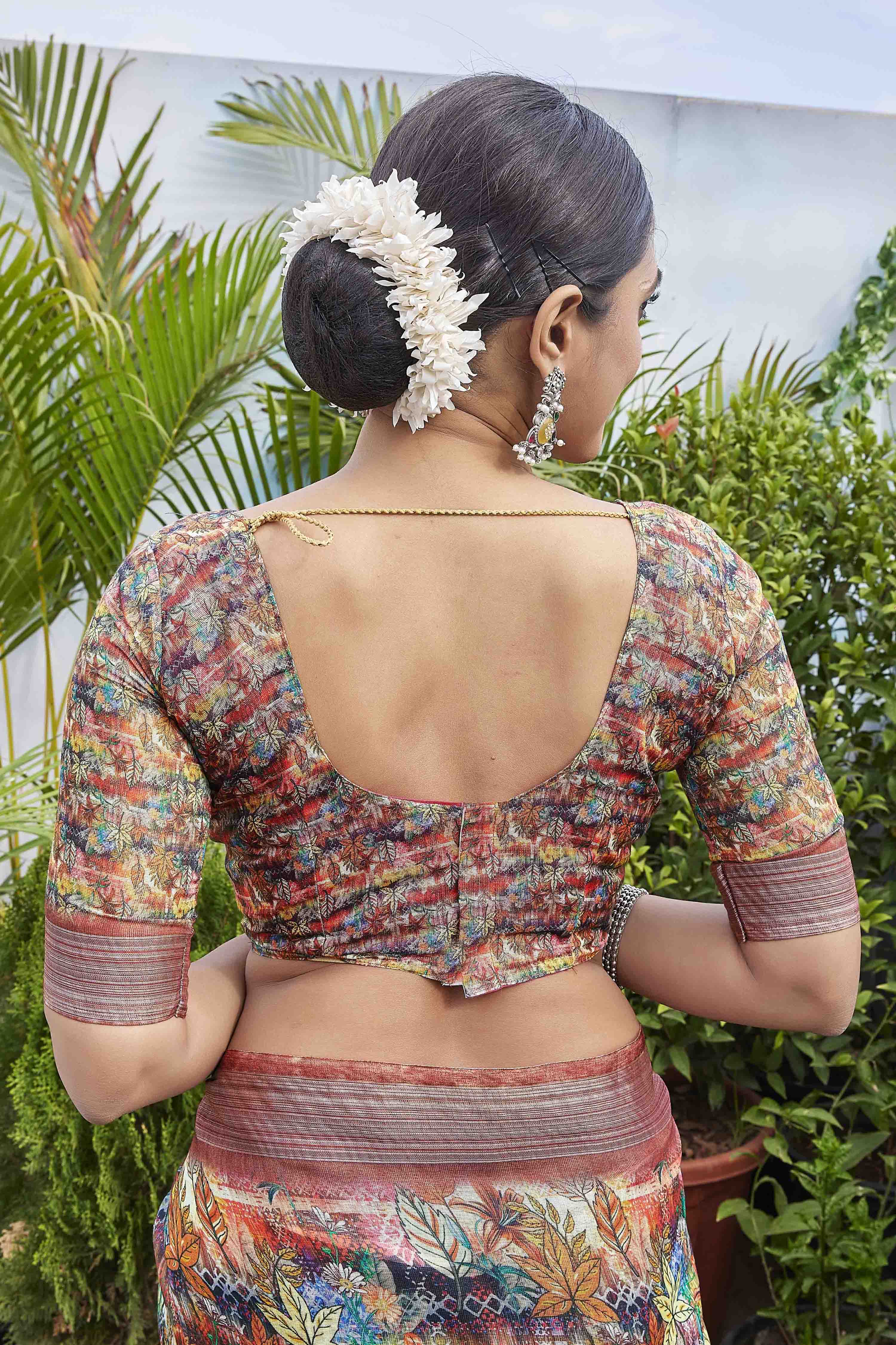 DIGITAL PRINT ETHNIC MOTIFS WOVEN DESIGN COTTON LINEN ZARI BORDER SAREE