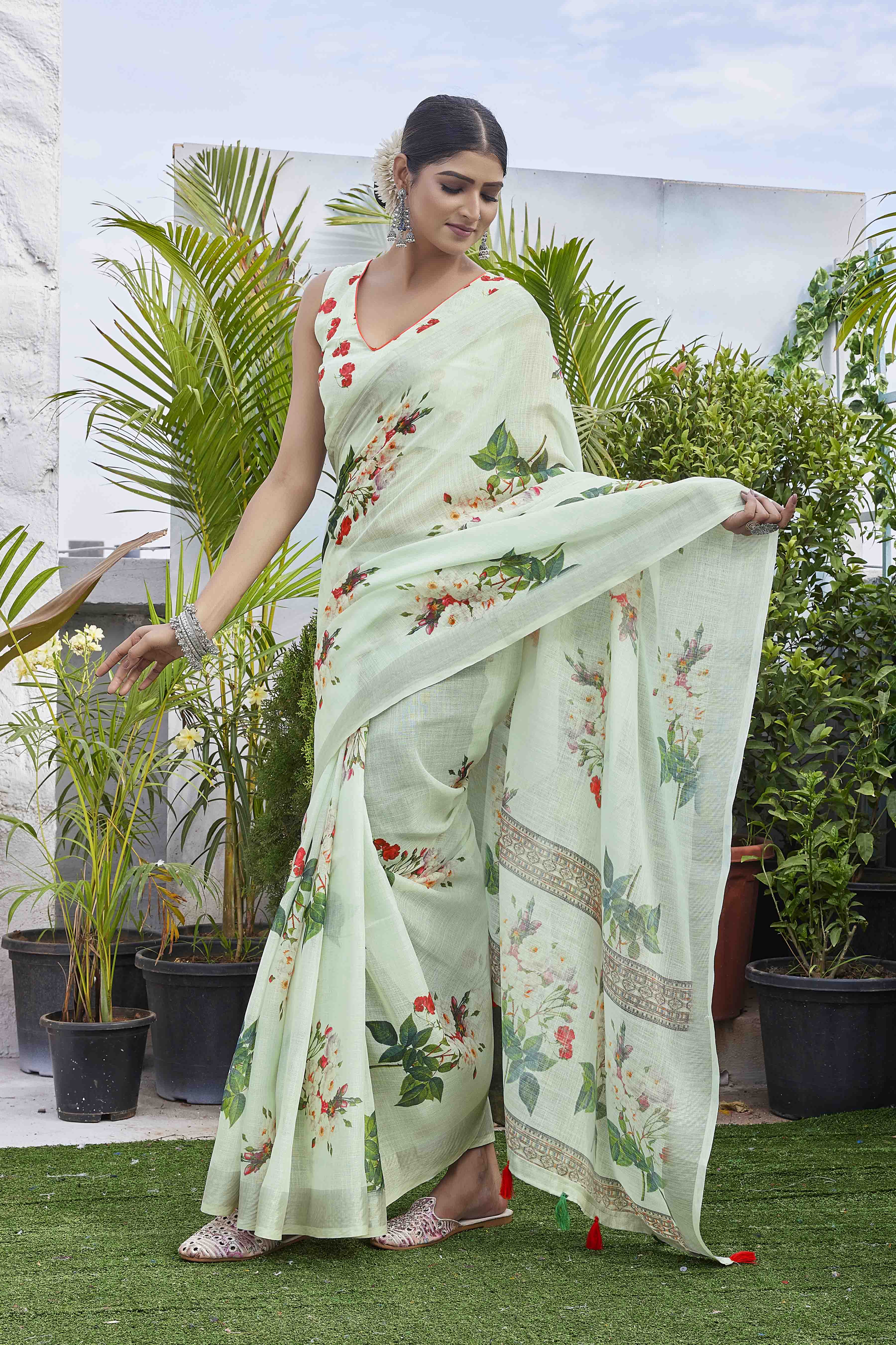Digital Print Woven Design Floral Printed Zardozi Designer Saree