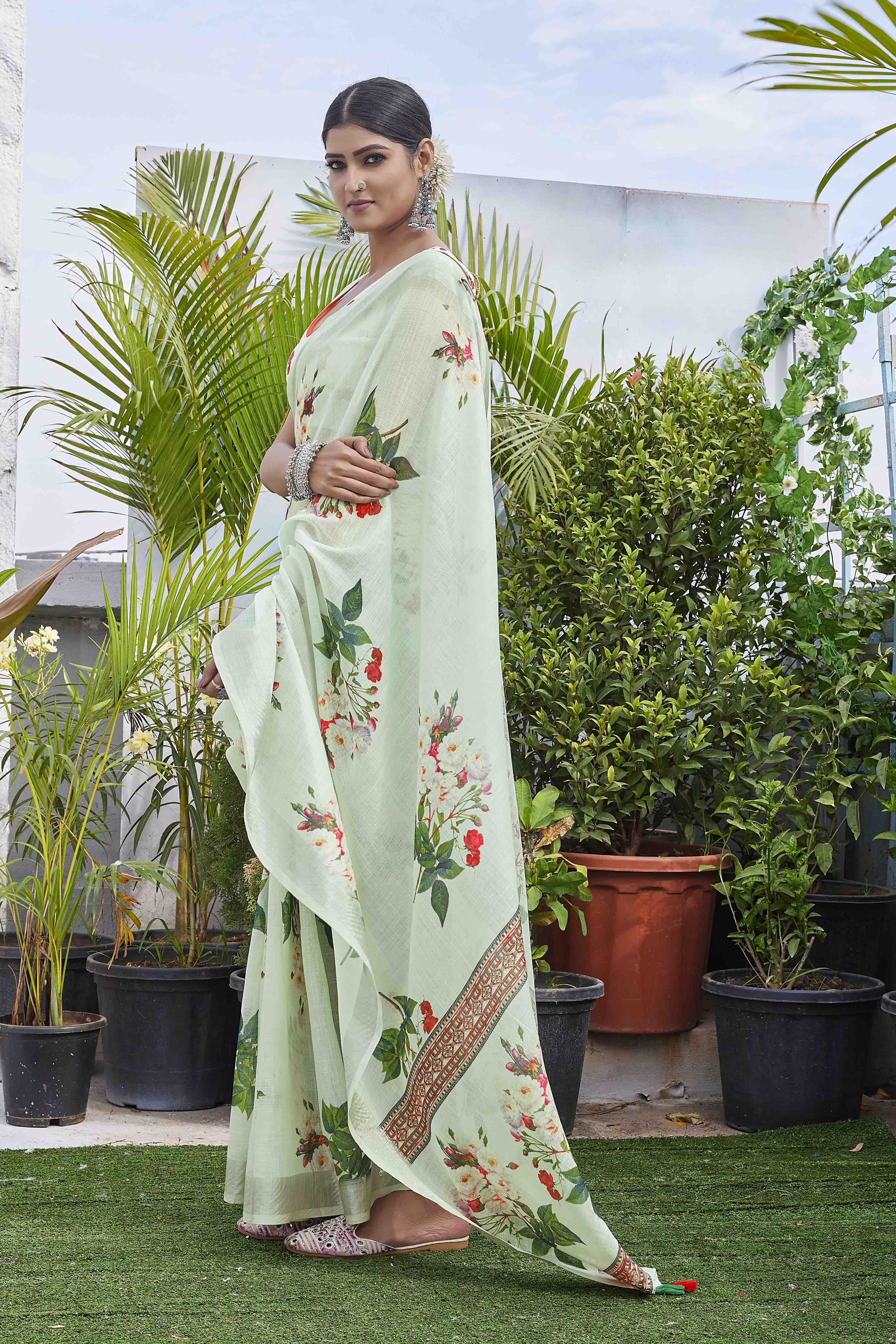 Digital Print Woven Design Floral Printed Zardozi Designer Saree