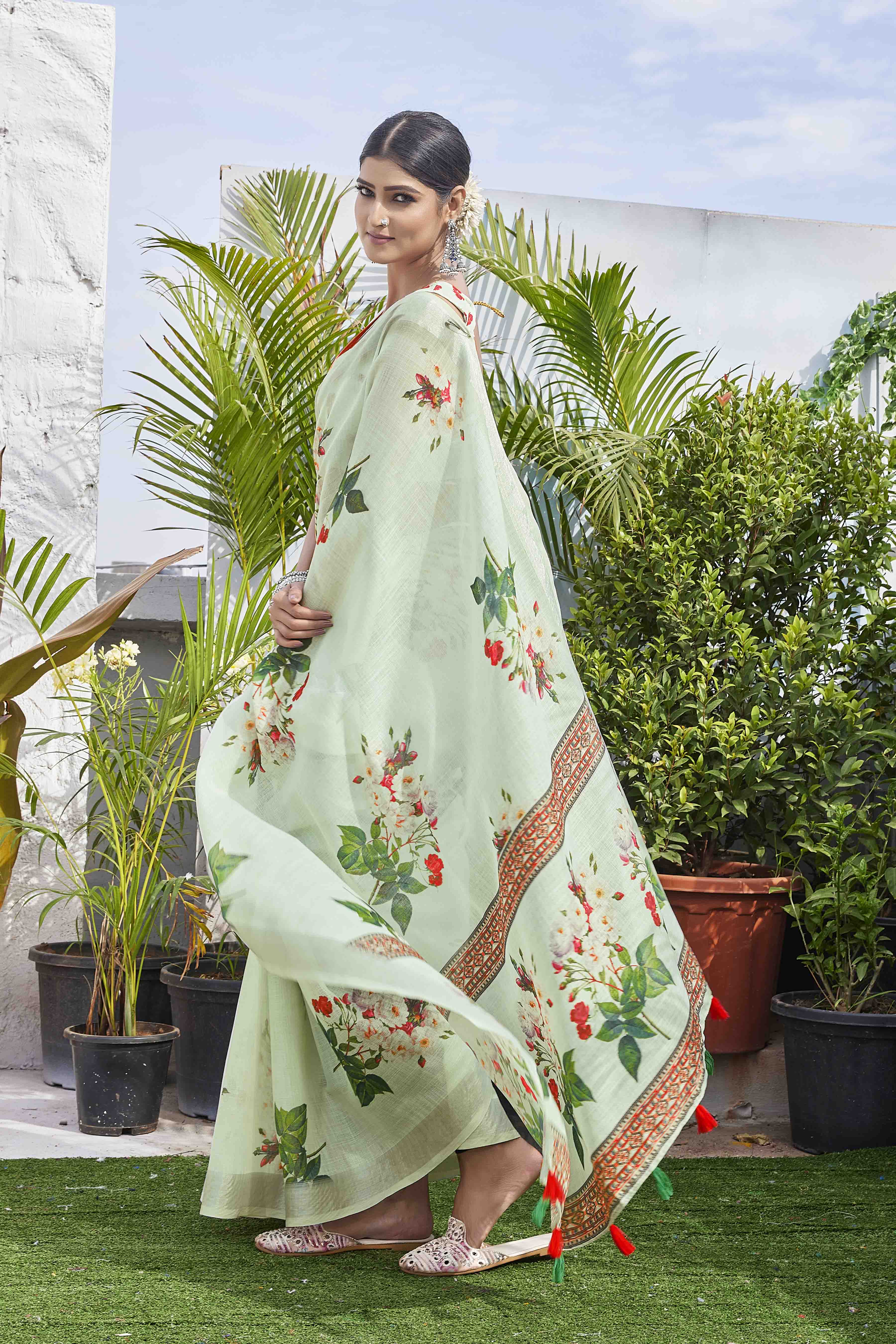 Digital Print Woven Design Floral Printed Zardozi Designer Saree