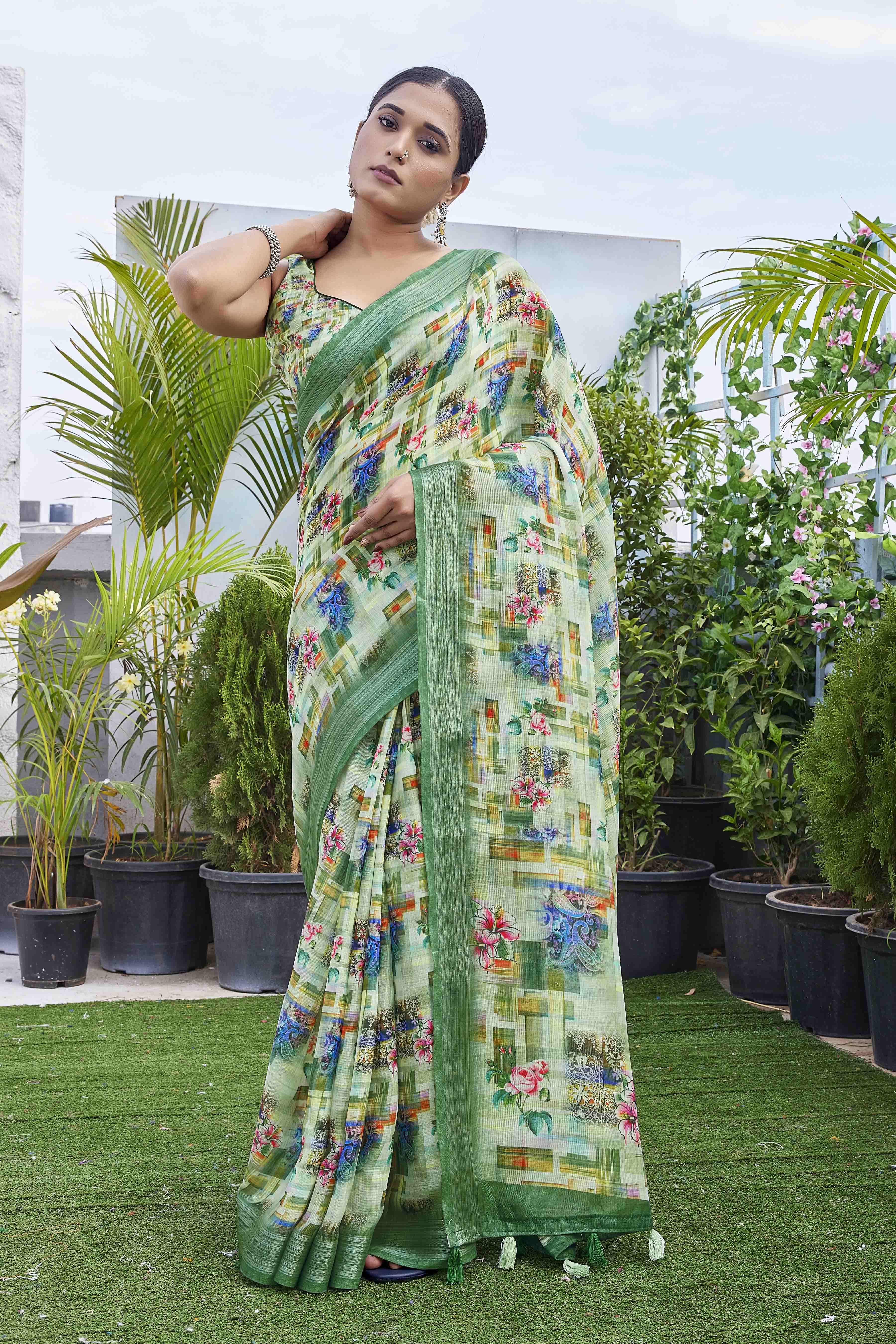DIGITAL PRINT CHECKED WOVEN DESIGN COTTON LINEN ZARI BORDER SAREE