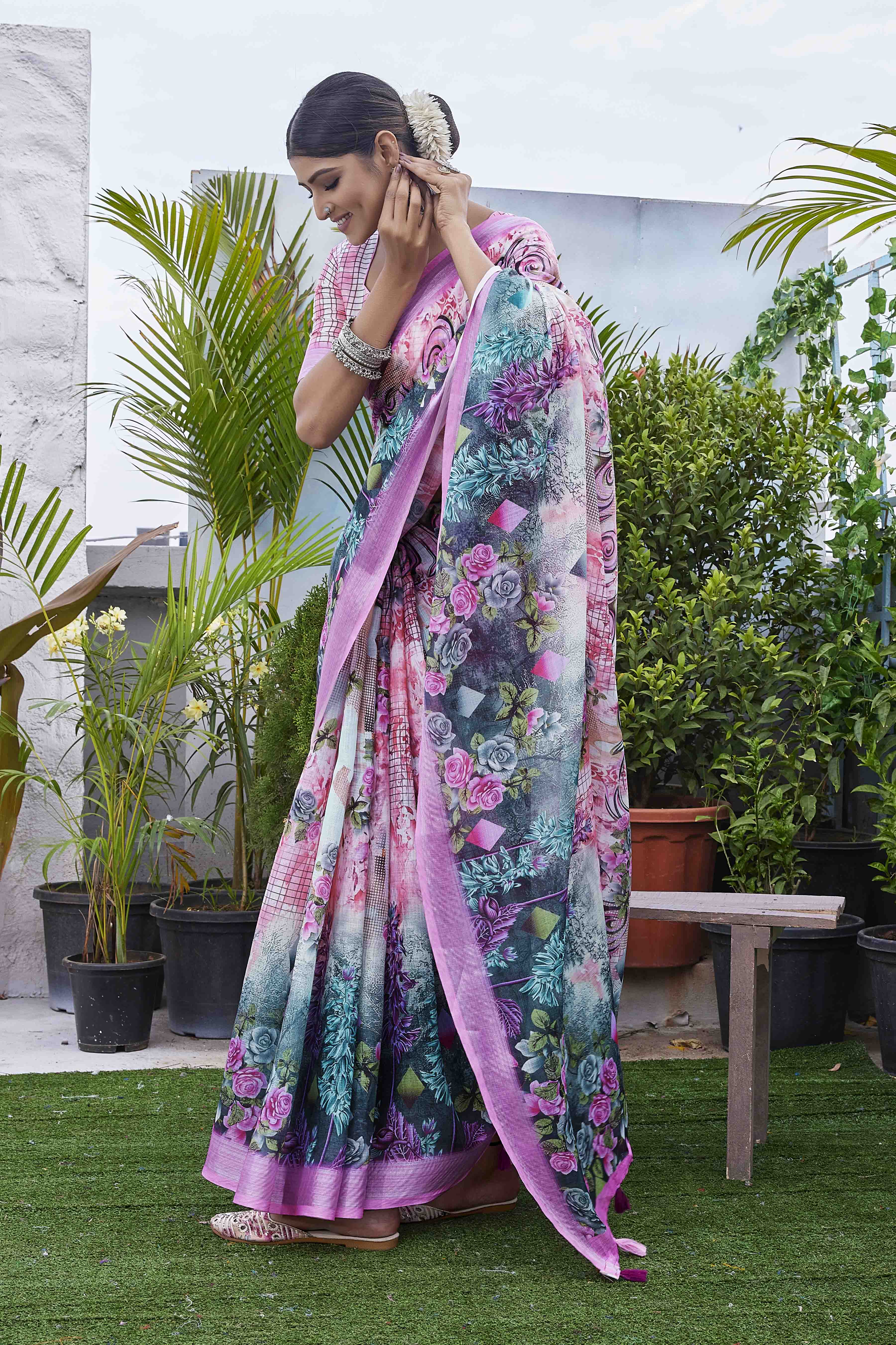 DIGITAL PRINT WOVEN DESIGN COTTON LINEN ZARI BORDER SAREE