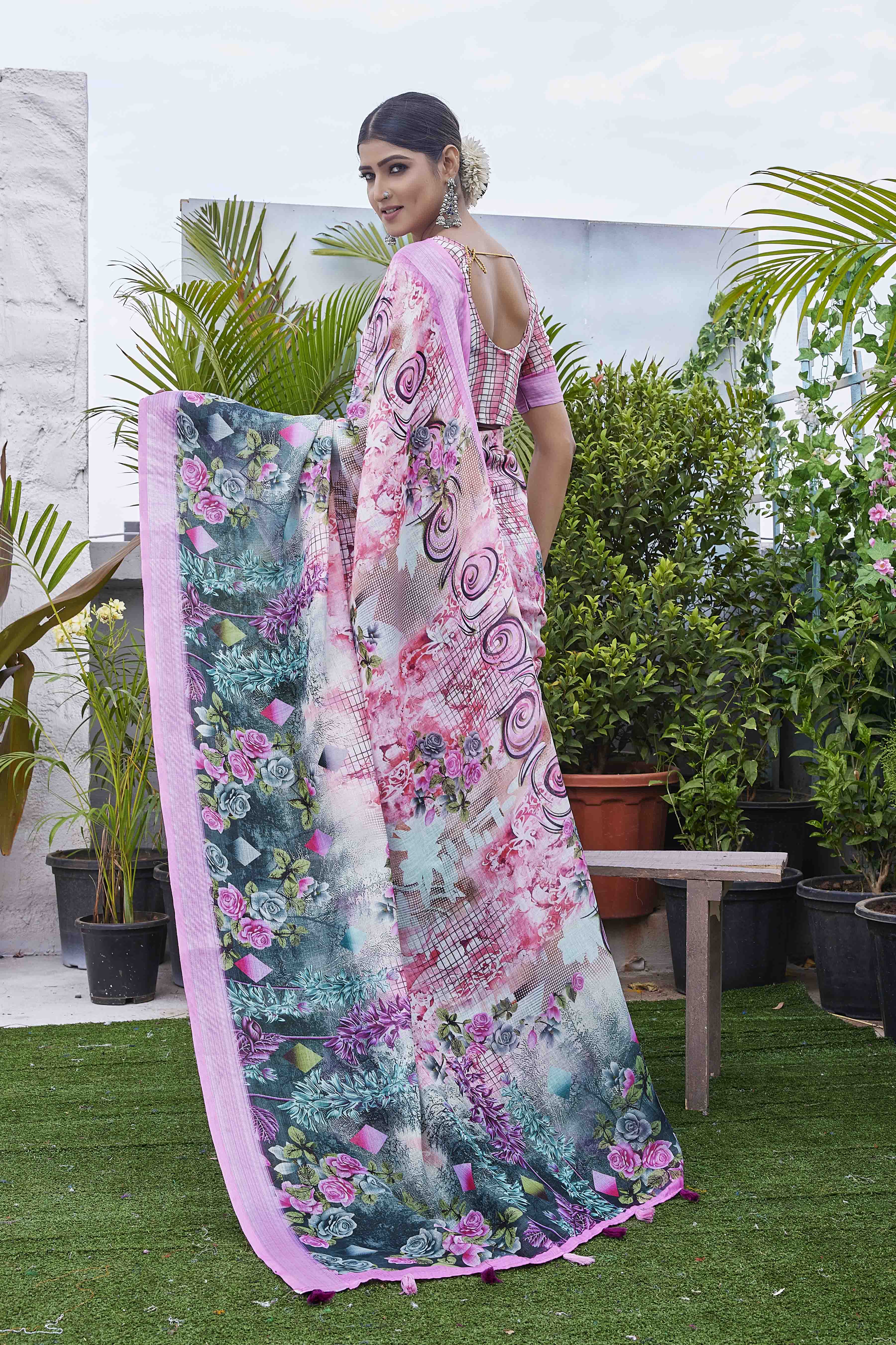 DIGITAL PRINT WOVEN DESIGN COTTON LINEN ZARI BORDER SAREE