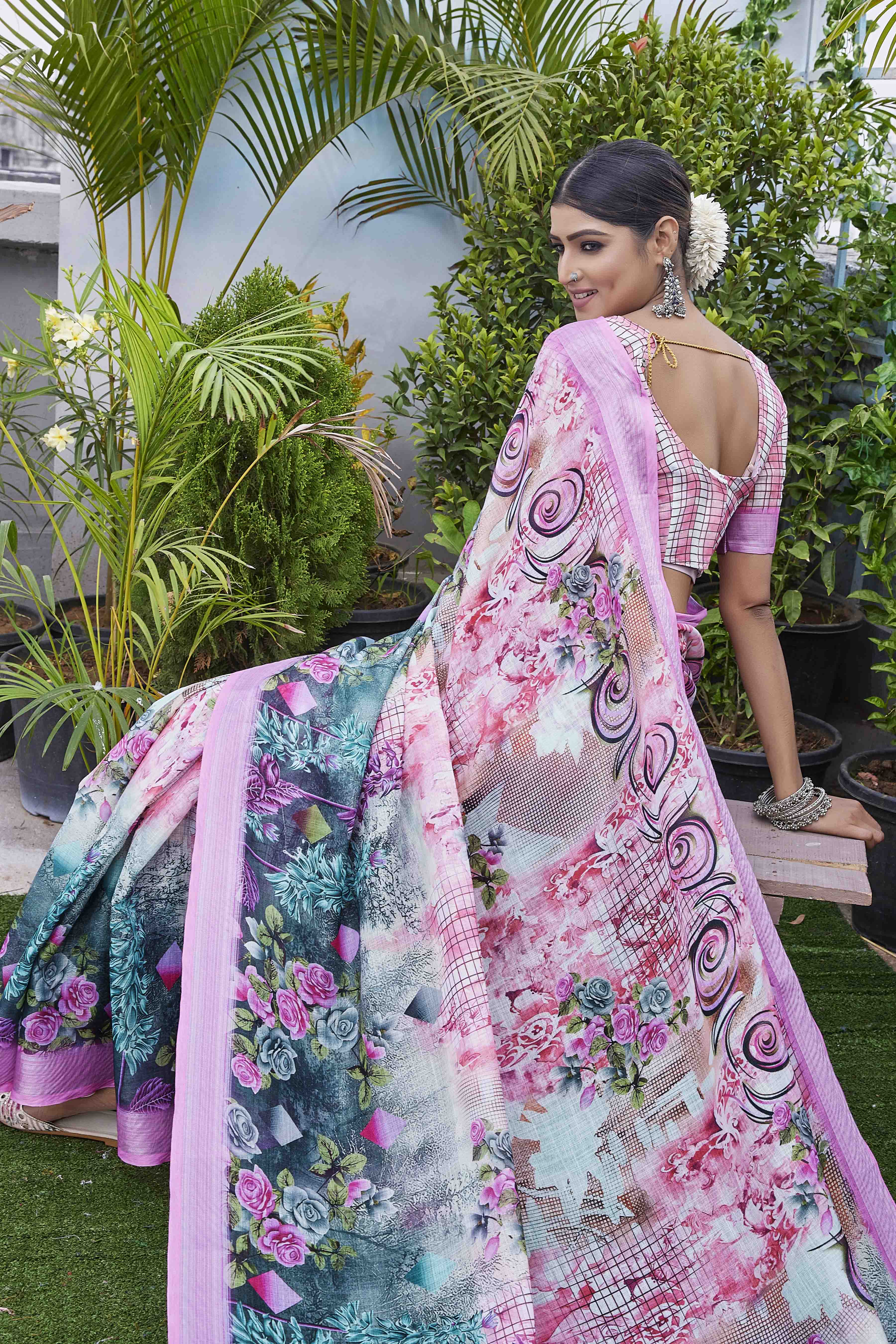 DIGITAL PRINT WOVEN DESIGN COTTON LINEN ZARI BORDER SAREE