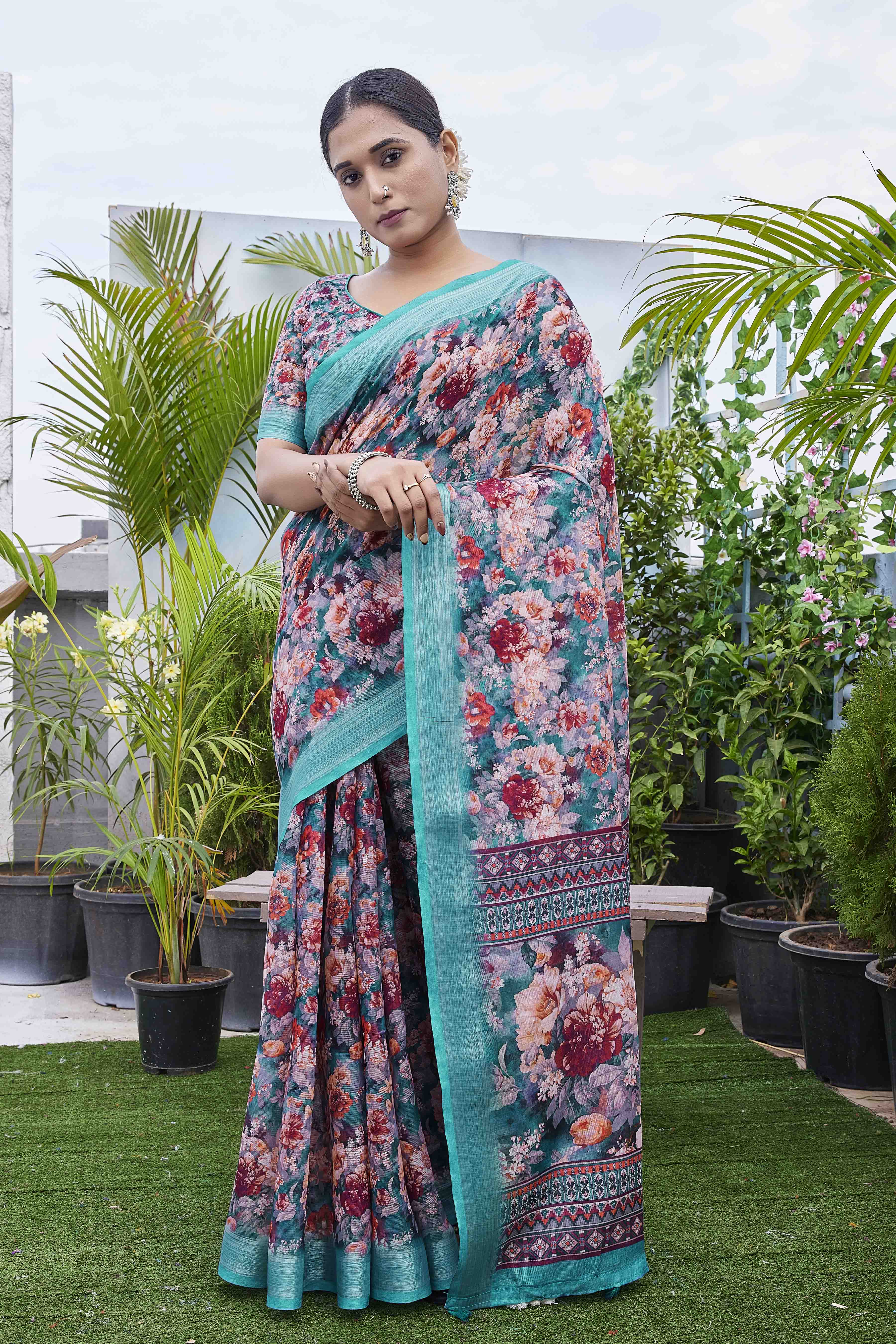 DIGITAL PRINT FLORAL WOVEN DESIGN COTTON LINEN ZARI BORDER SAREE