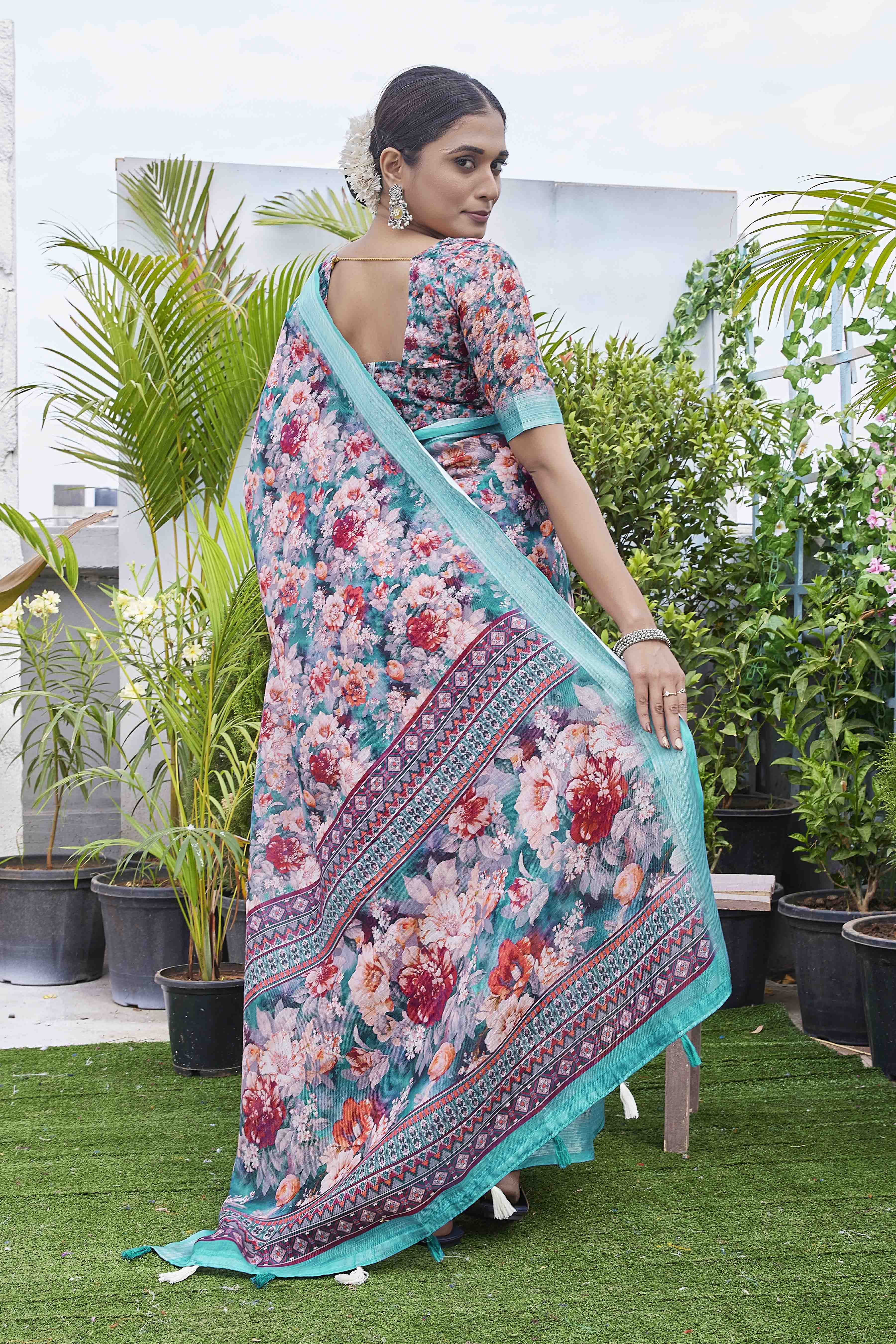 DIGITAL PRINT FLORAL WOVEN DESIGN COTTON LINEN ZARI BORDER SAREE