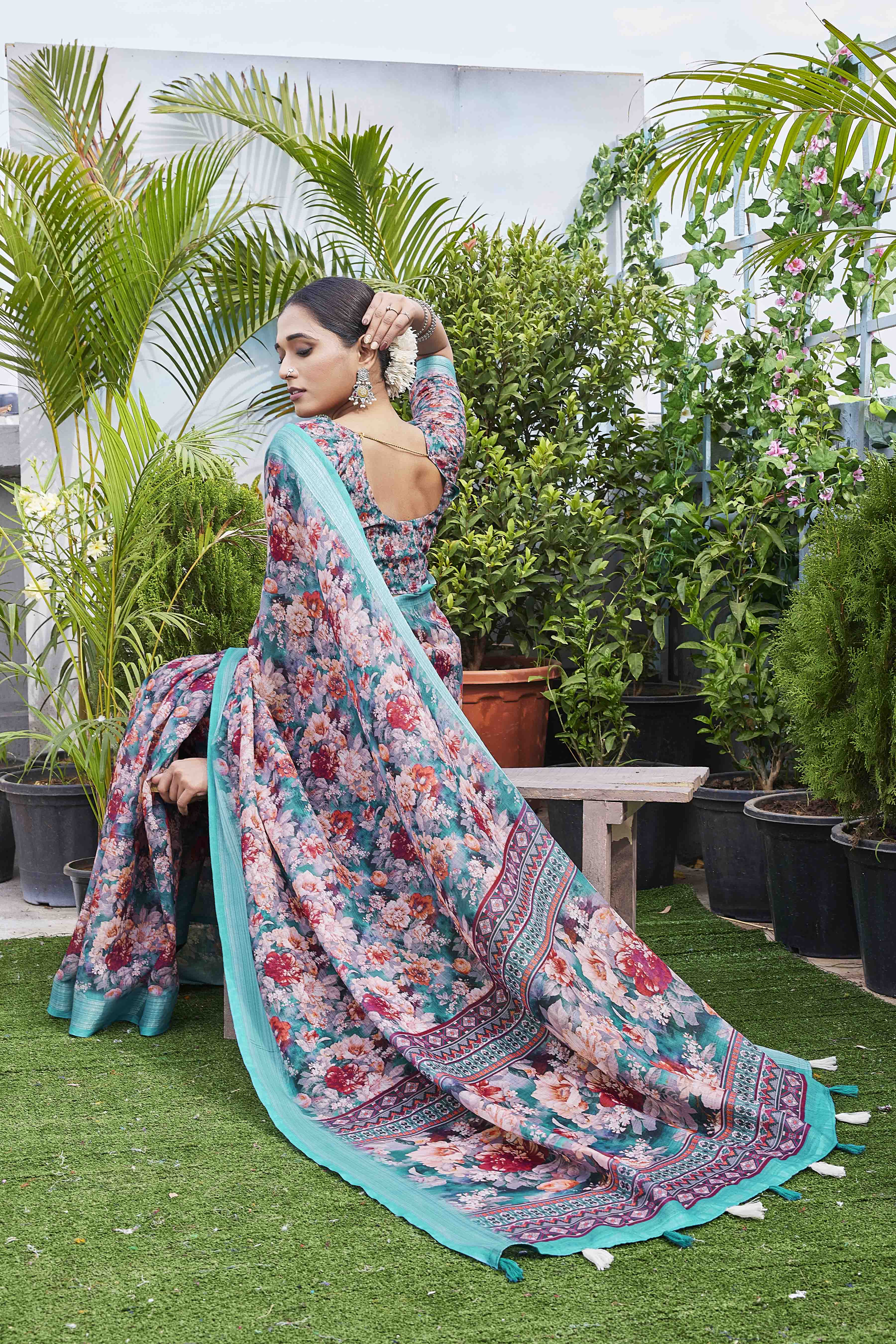 DIGITAL PRINT FLORAL WOVEN DESIGN COTTON LINEN ZARI BORDER SAREE