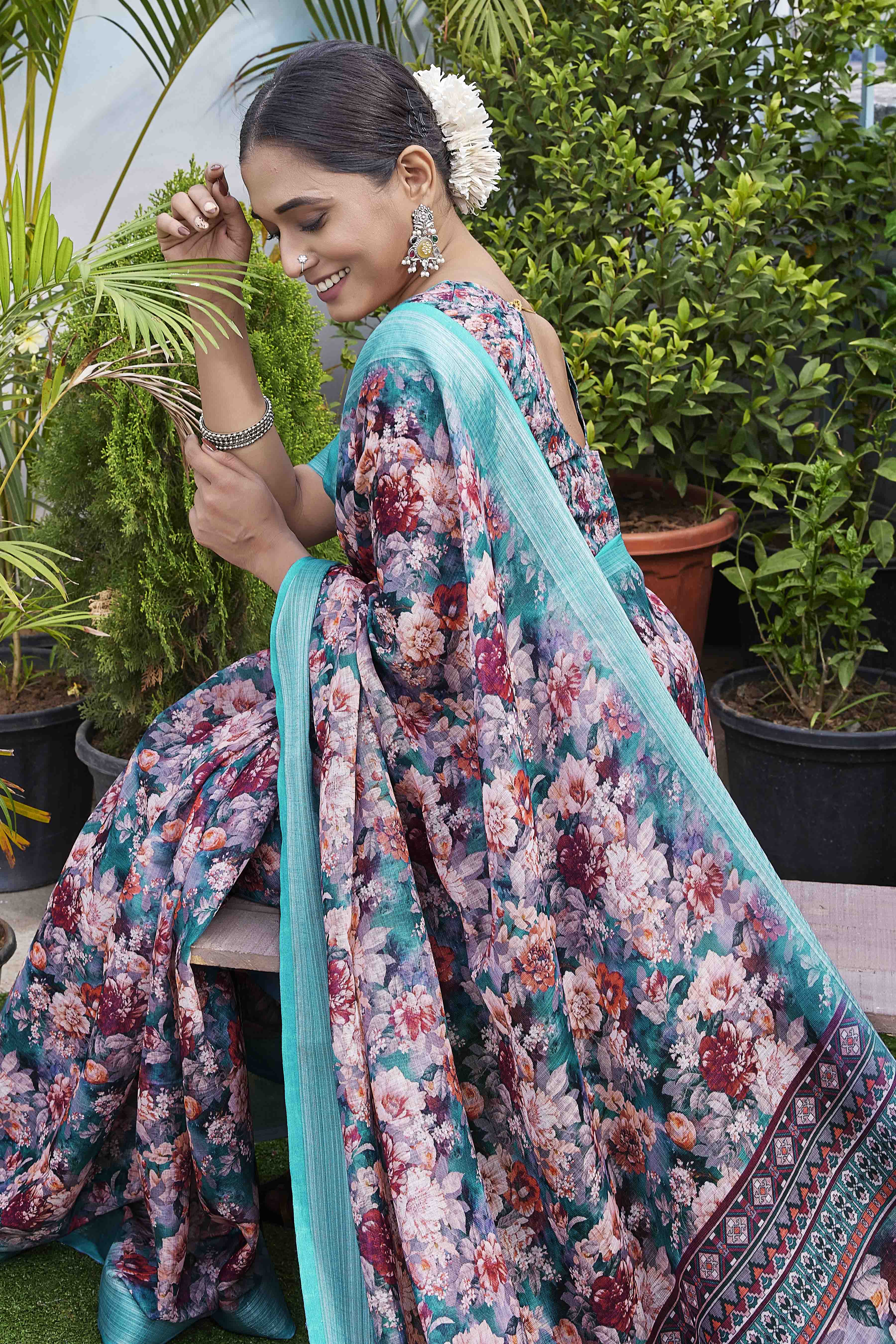 DIGITAL PRINT FLORAL WOVEN DESIGN COTTON LINEN ZARI BORDER SAREE