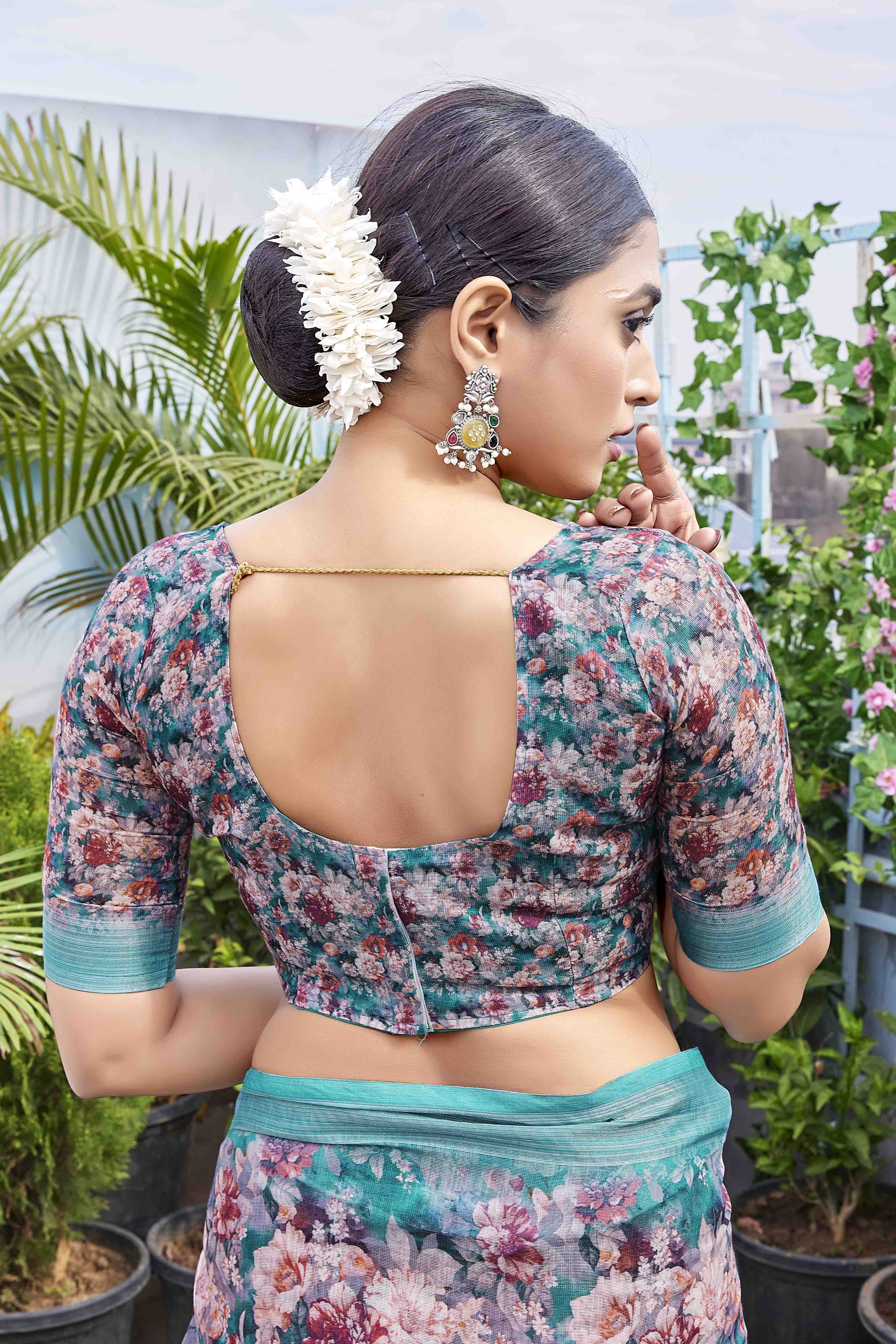 DIGITAL PRINT FLORAL WOVEN DESIGN COTTON LINEN ZARI BORDER SAREE
