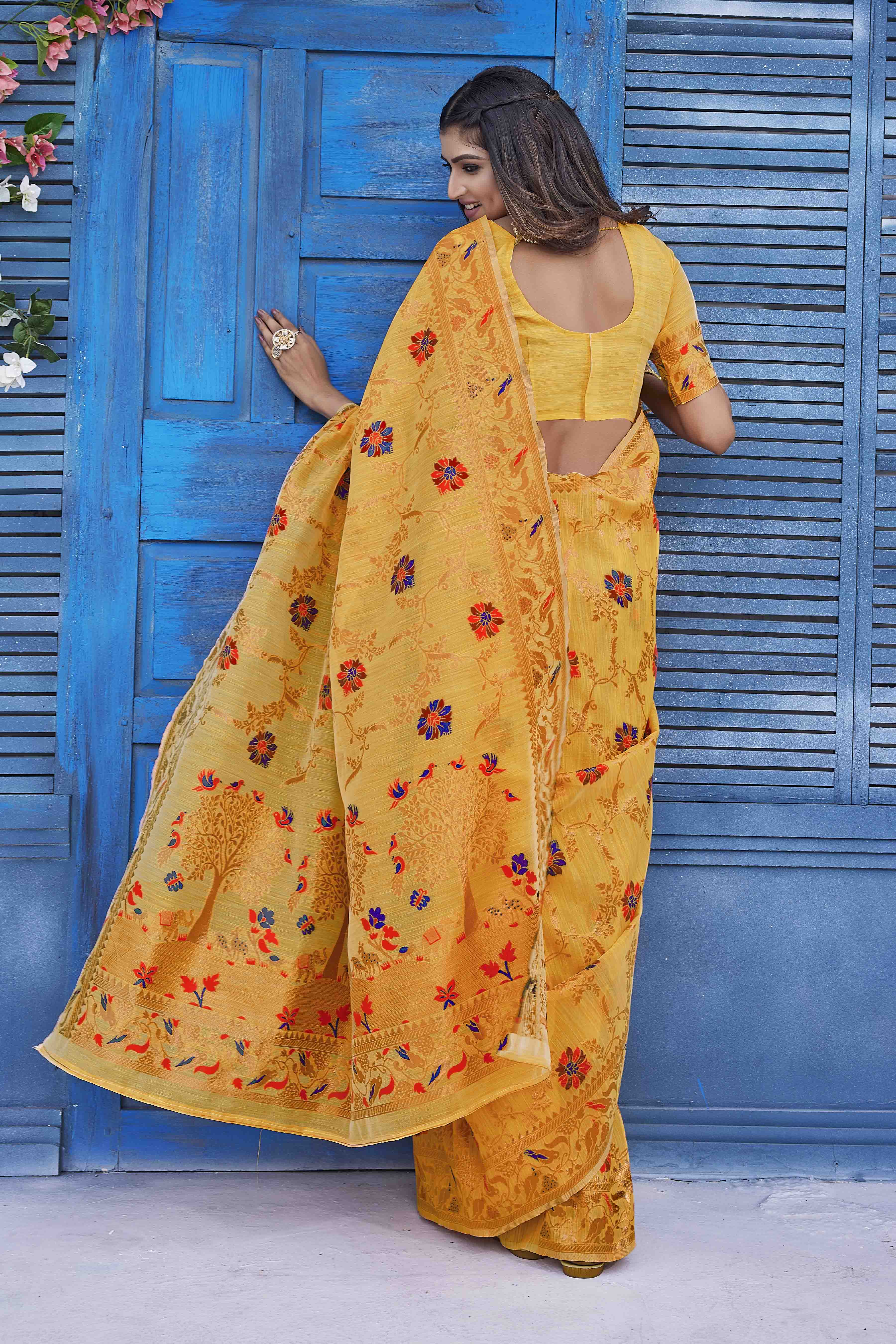 Floral Woven Design Zari Pure Linen Kanjeevaram Saree