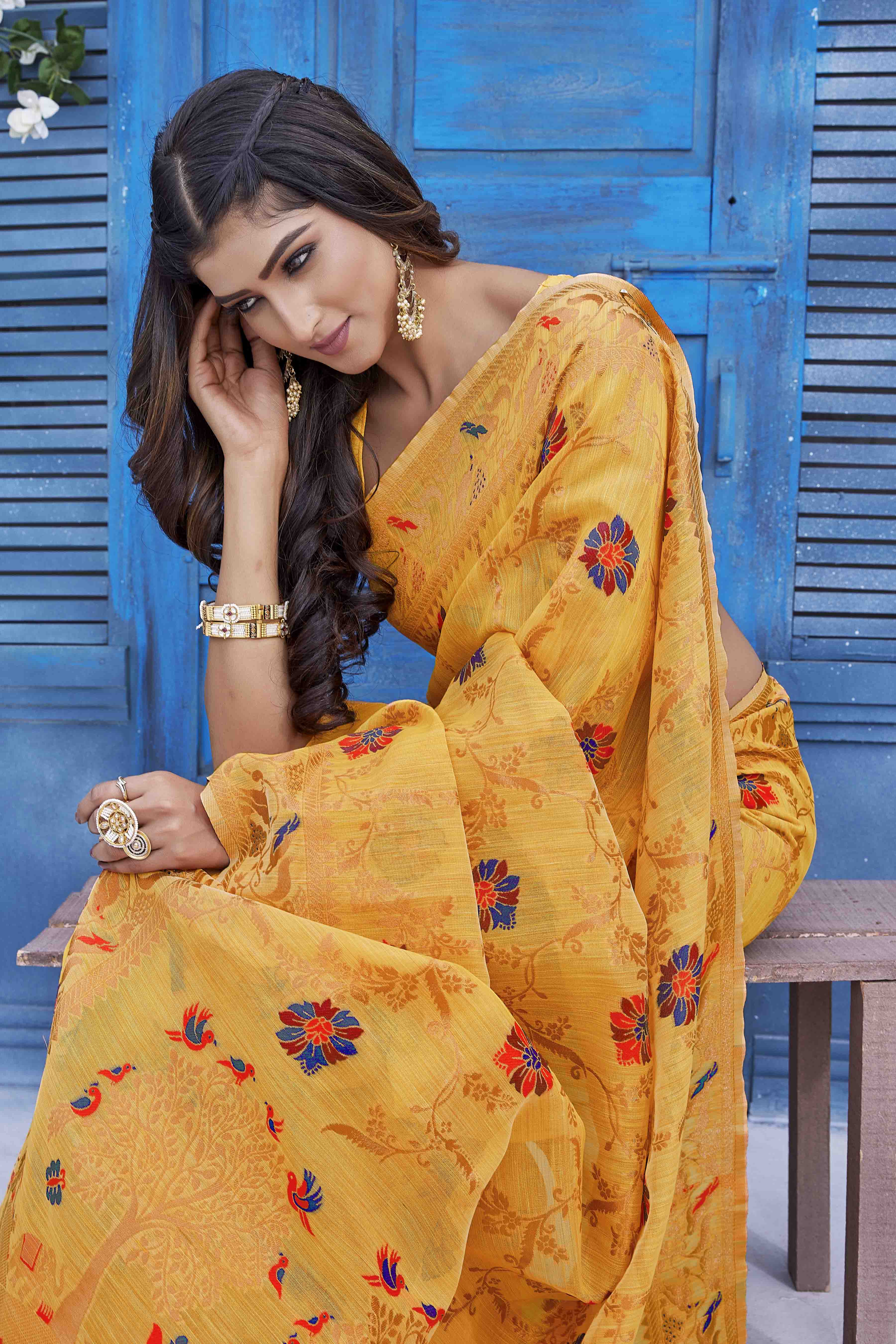 Floral Woven Design Zari Pure Linen Kanjeevaram Saree