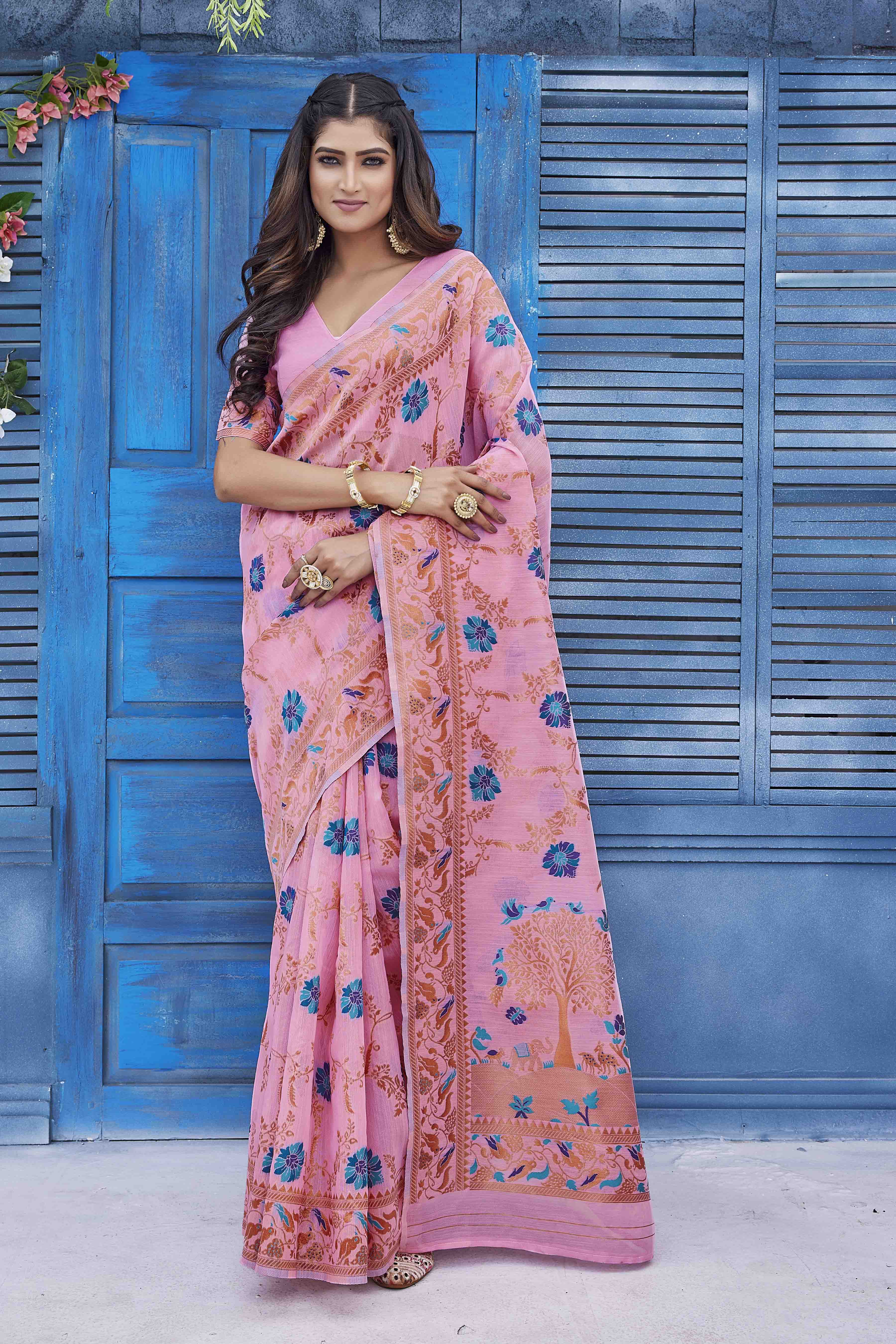 Floral Woven Design Zari Pure Linen Kanjeevaram Saree