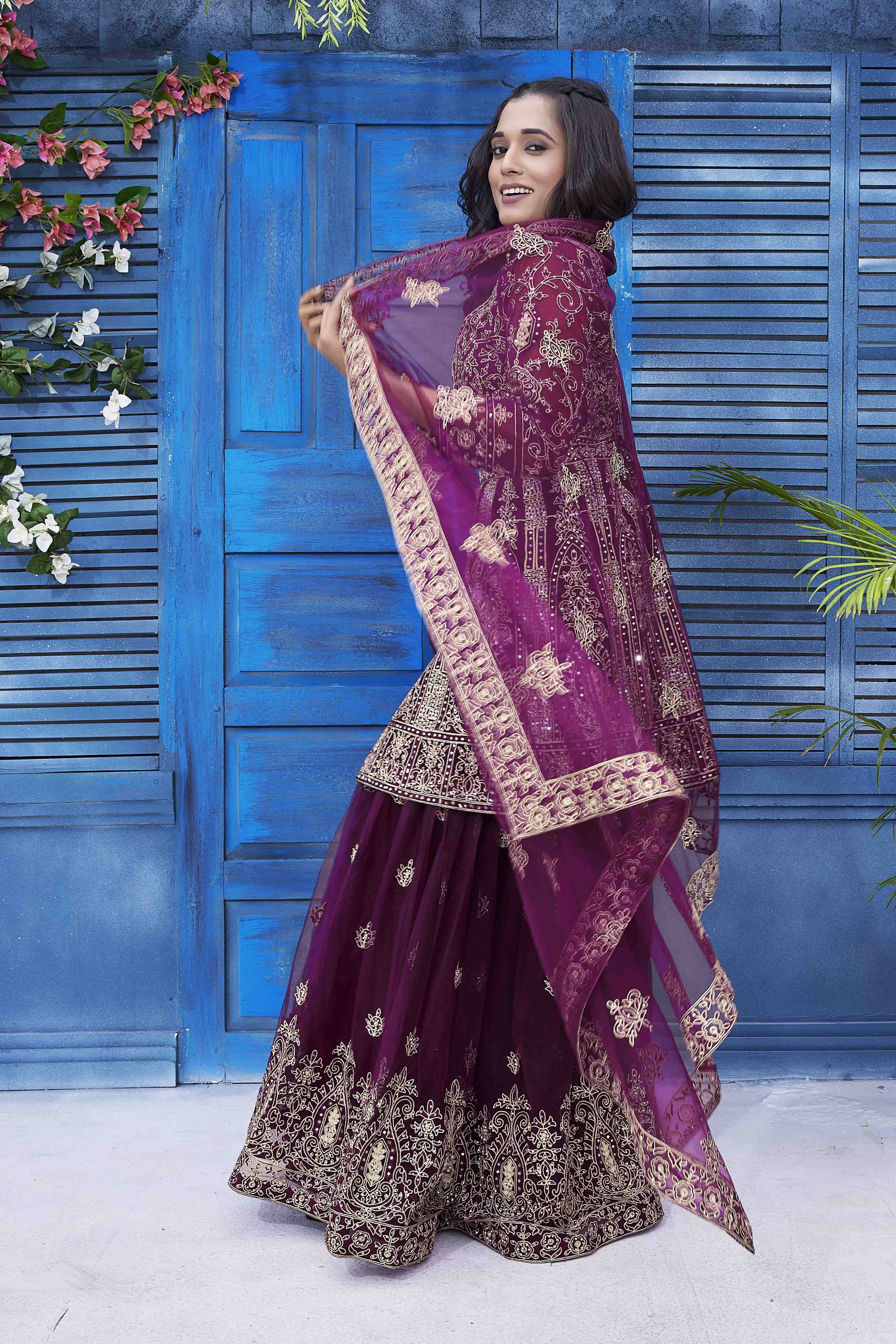 Ethnic Motifs Embroidered Empire Beads & Stones Kurta With Sharara & Dupatta