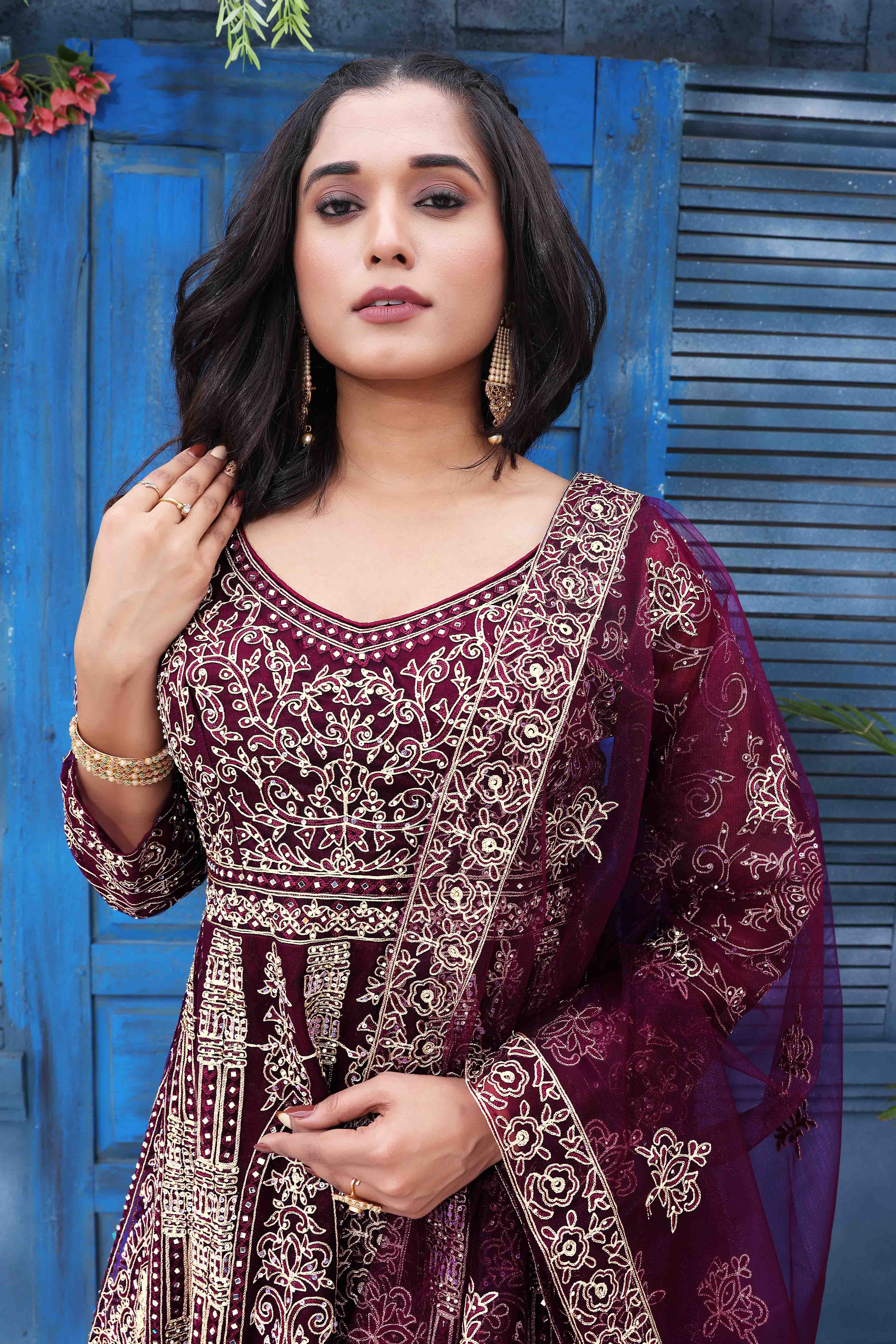 Ethnic Motifs Embroidered Empire Beads & Stones Kurta With Sharara & Dupatta