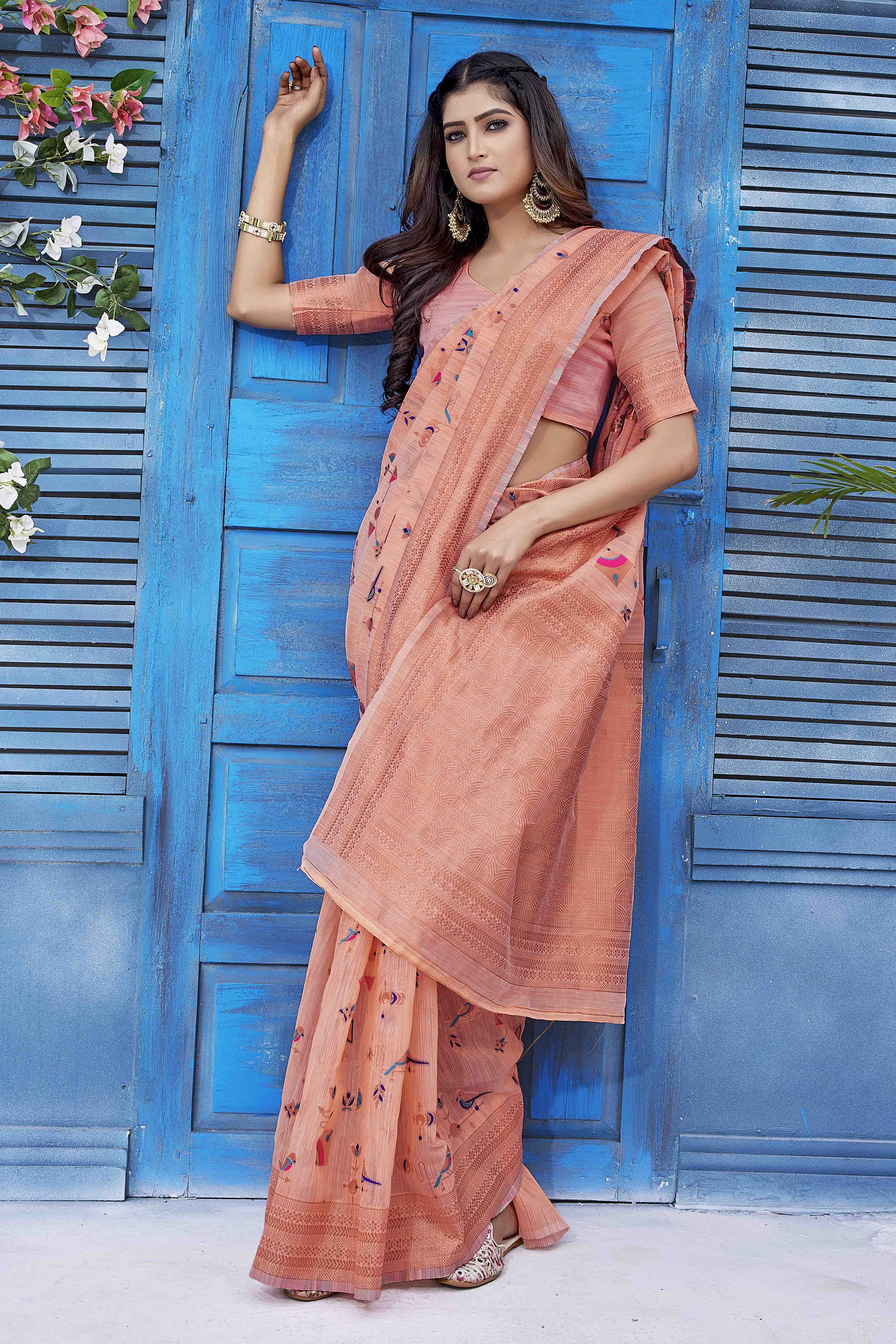 Abstract Printed Woven Design Zari Pure Linen Kanjeevaram Saree