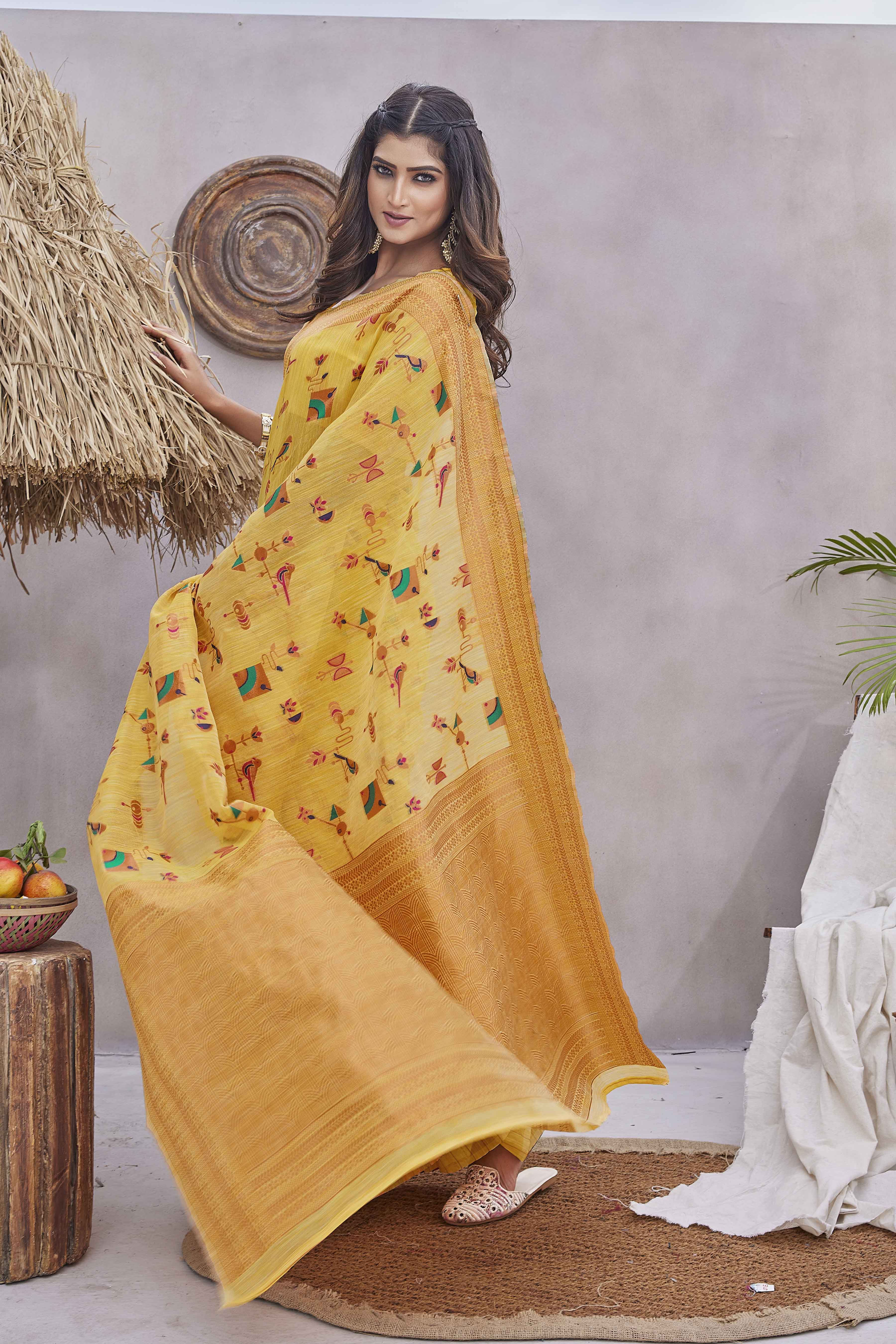Abstract Printed Woven Design Zari Pure Linen Kanjeevaram Saree