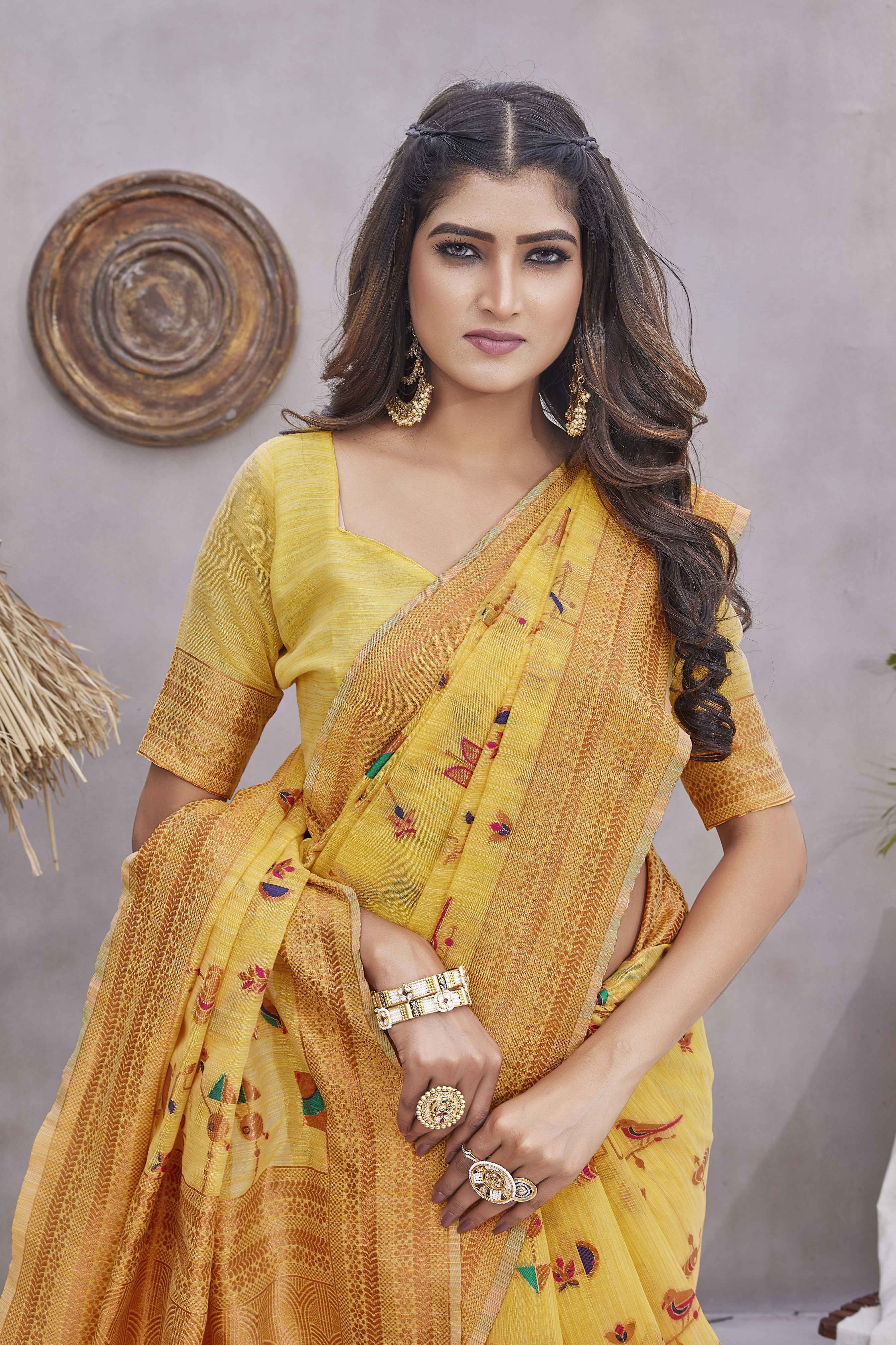 Abstract Printed Woven Design Zari Pure Linen Kanjeevaram Saree