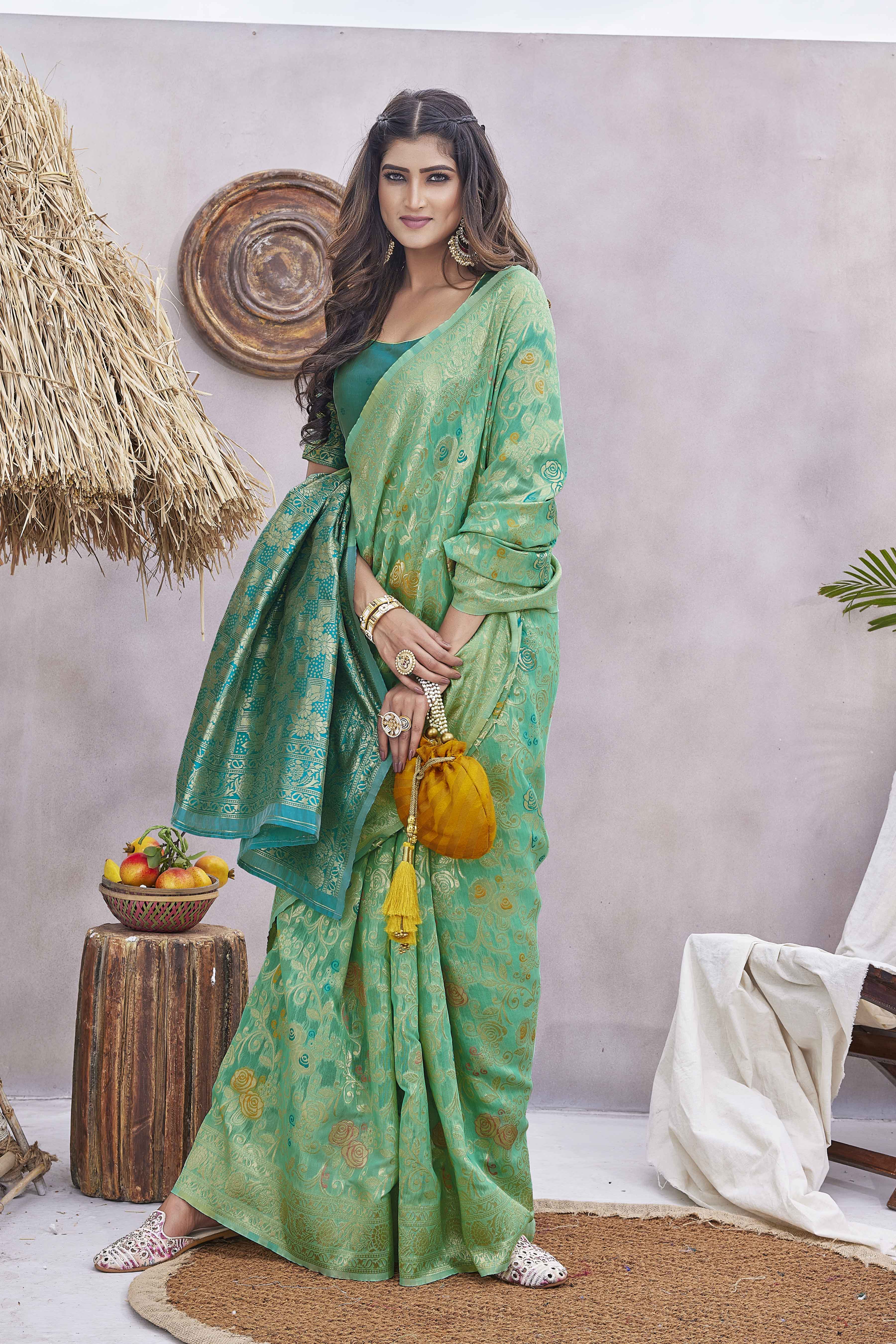 Floral Printed Woven Design Zari Banarasi Saree