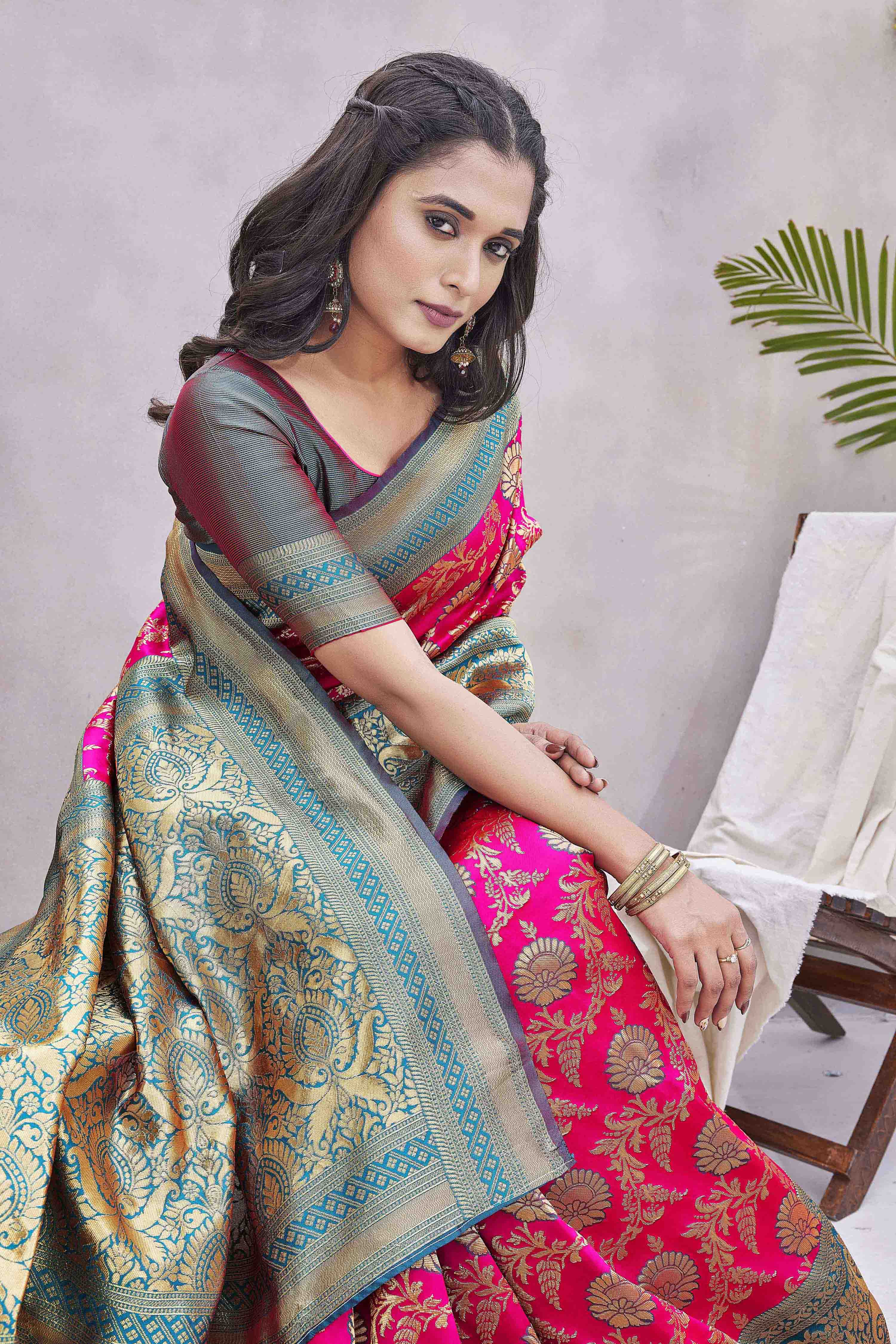 Floral Woven Design Zari Baluchari Saree
