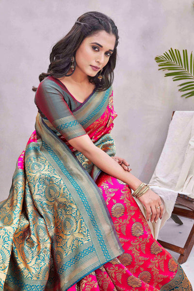 Floral Woven Design Zari Baluchari Saree