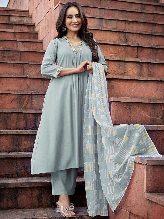 Women Geometric Pleated Mirror Work Kurti with Trousers & With Dupatta