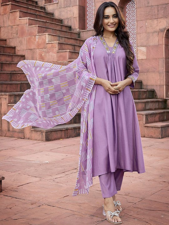 Women Geometric Pleated Mirror Work Kurti with Trousers & With Dupatta