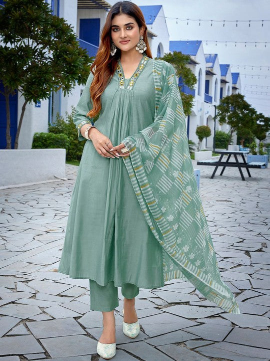 Women Yoke Design Pleated Mirror Work Kurta with Trousers & With Dupatta